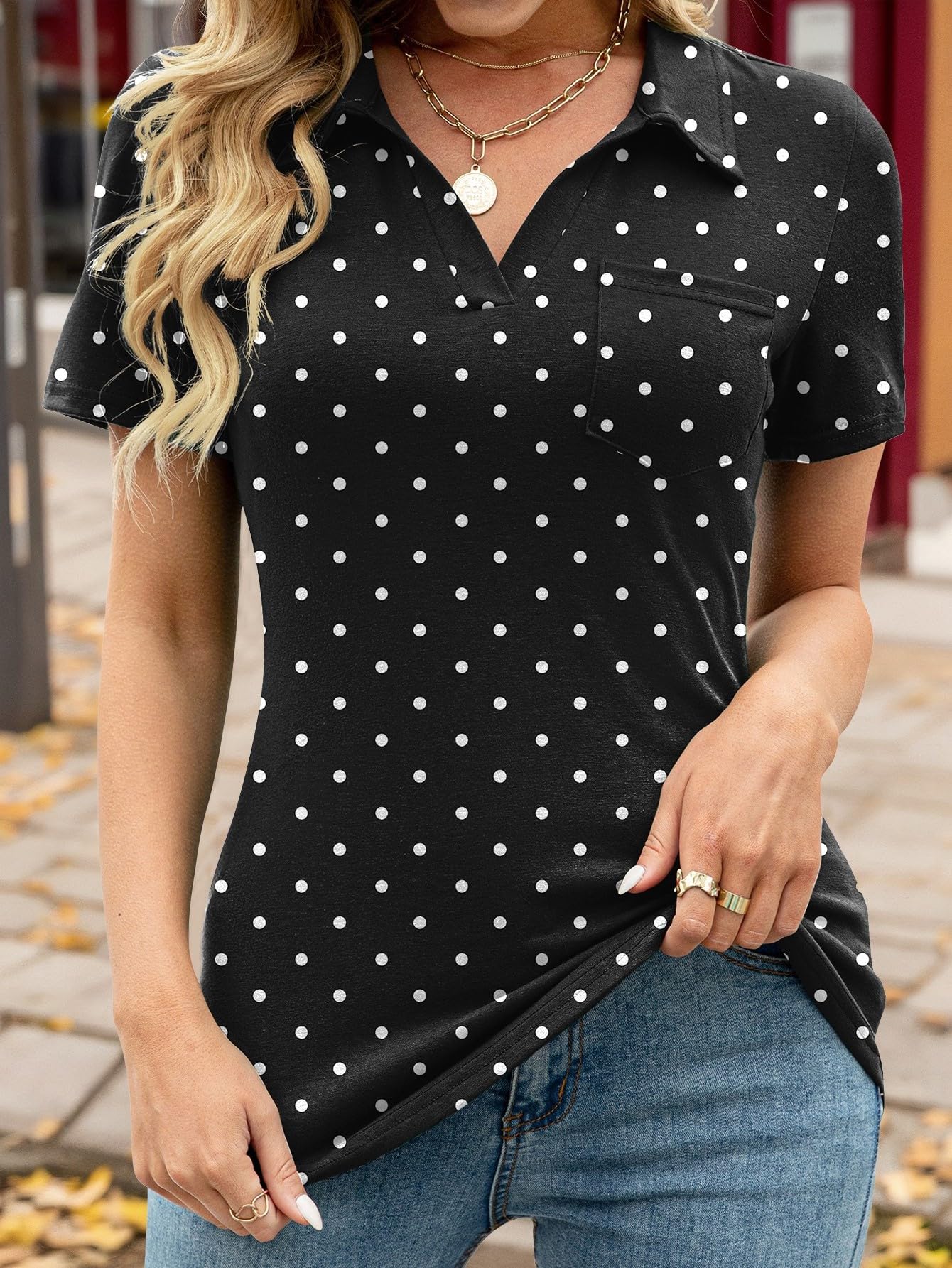 Womens Polo Shirts Collared V Neck Short Sleeve Tops Casual Tunic Blouses with Pocket