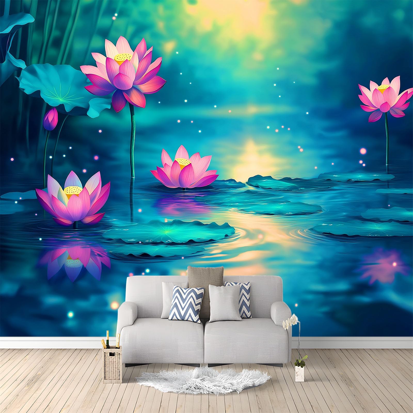 Générique Panoramiczna tapeta 400 x 280 cm tajemnica kwiaty lotosu włóknina XXL fototapeta dekoracja ścienna gobelin salon sypialnia - tapeta Trompe l'eil efekt 3D, niebiesko-zielona