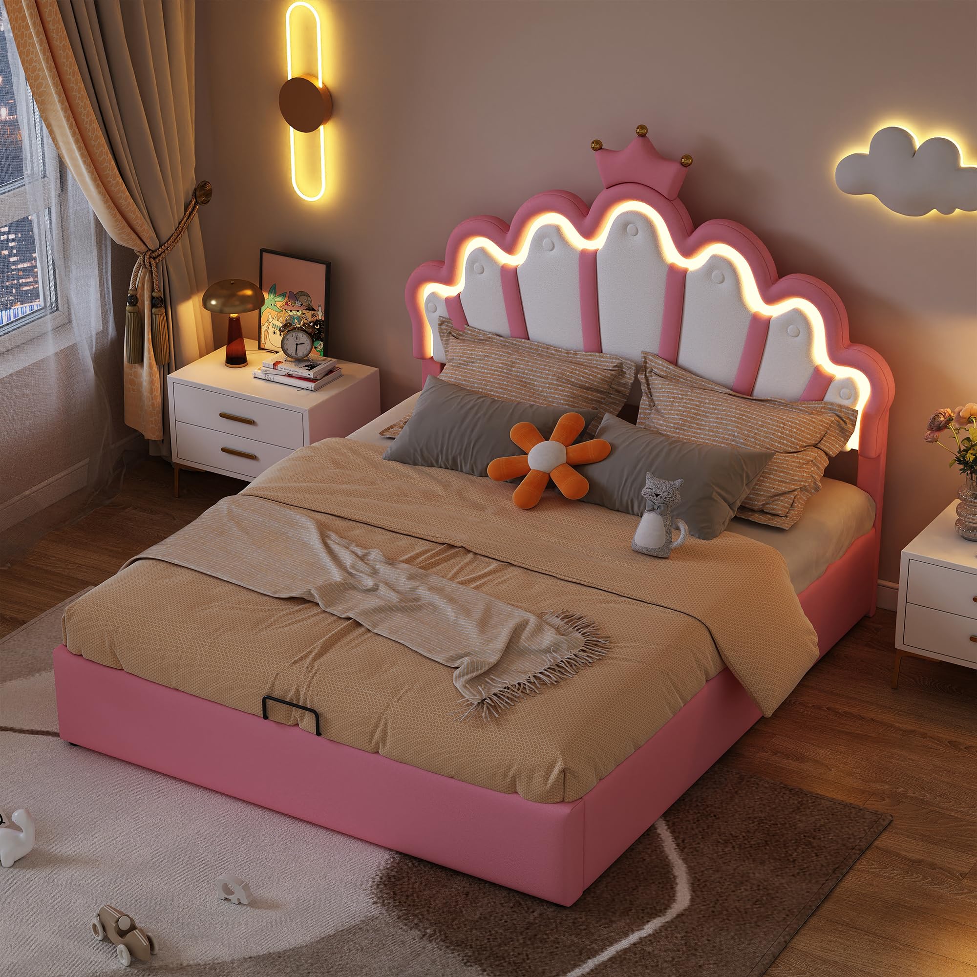 Canapé Abatible 140x200 cmde Cuero Sintetico con Estructura de Cama con Sistema Hidraulico de Almacenamiento Cabecero Acolchado de Nube Elegante para Dormitorio Matrimonial Rosa