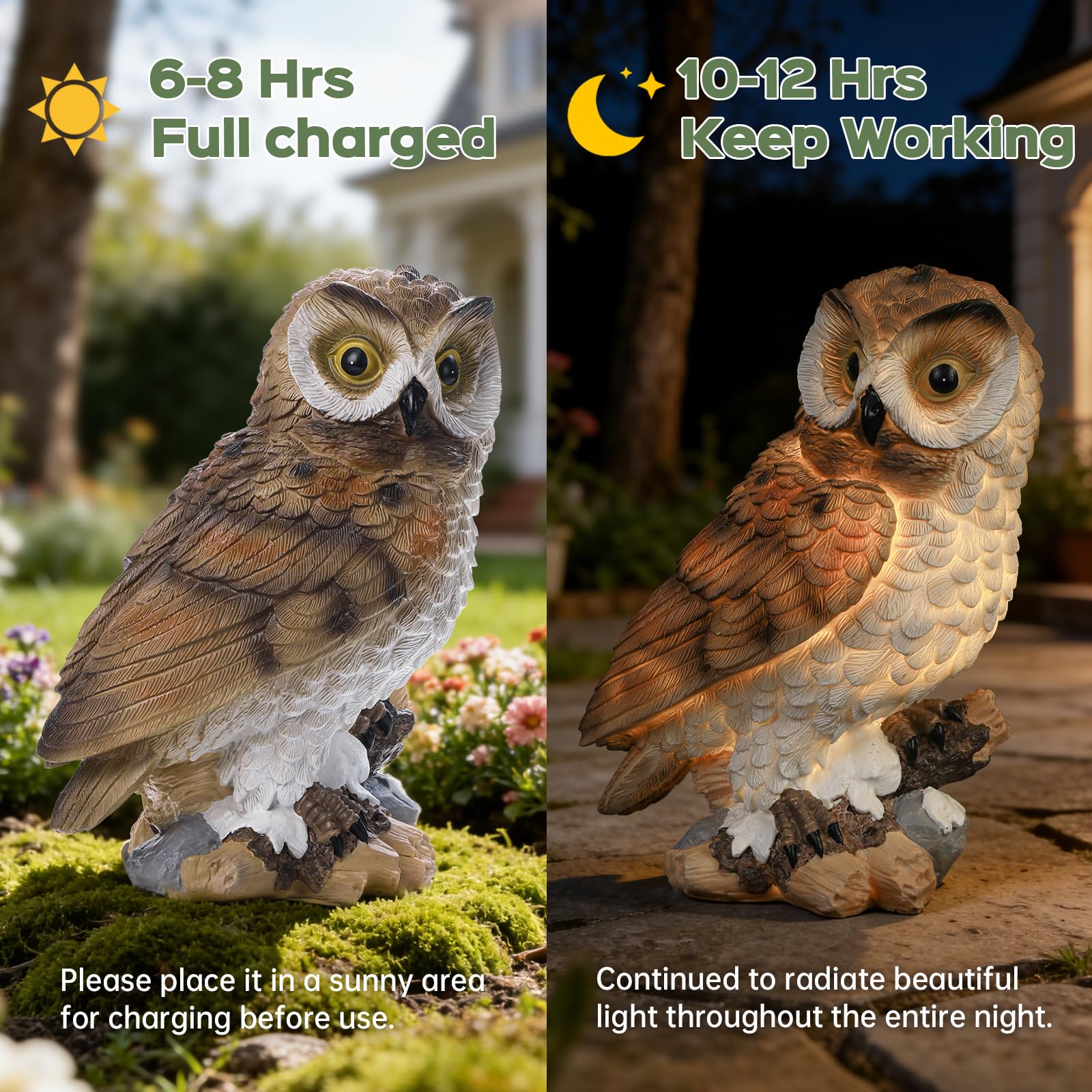 Estatua solar de búho para jardín, figura de resina resistente a la intemperie con luces LED, escultura de búho para porche, patio, césped y decoración de patio, ideal para inauguración de la