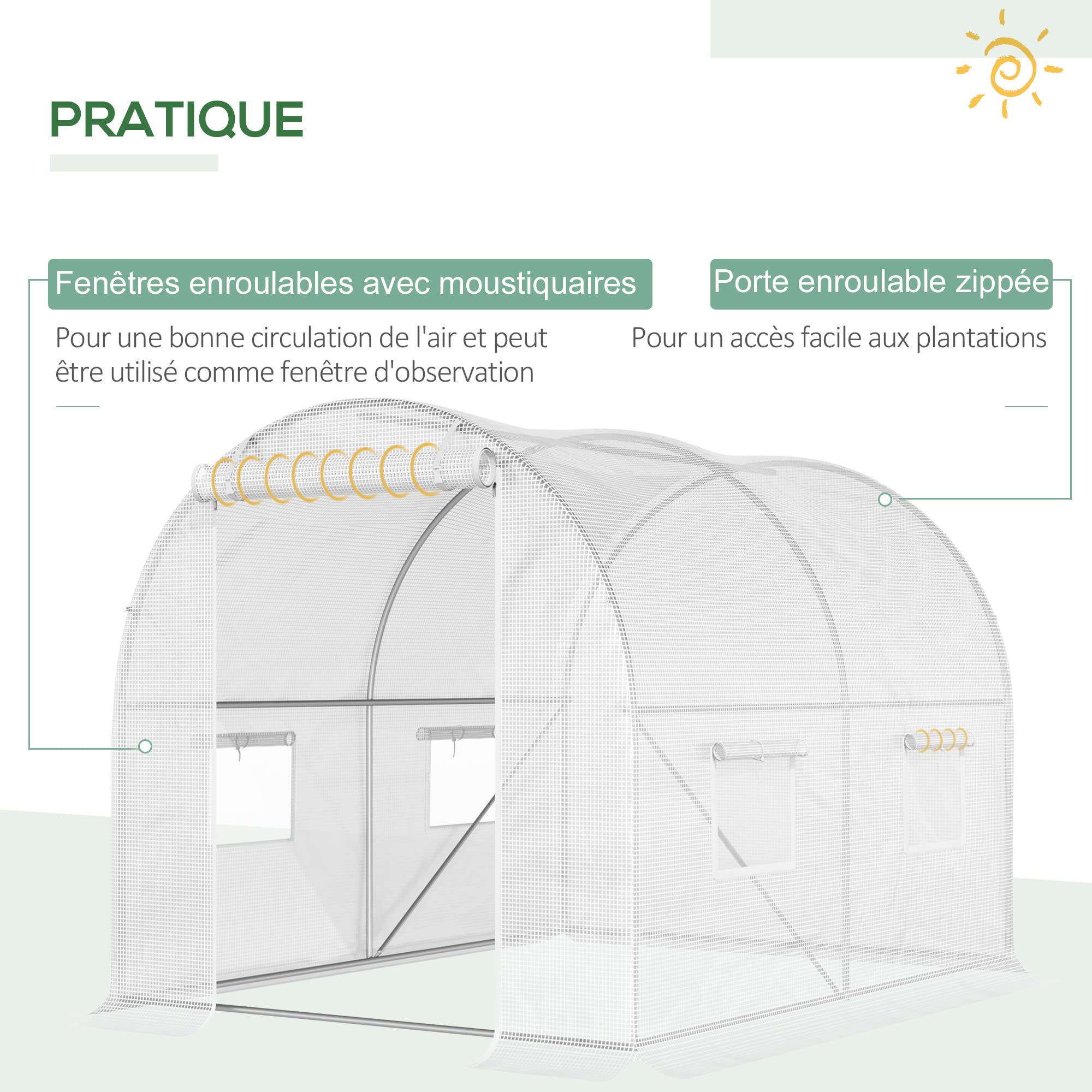 Outsunny Serre de Jardin Tunnel 6 m² 3L x 2l x 1,9H m Porte Blanc | Acier Galvanisé Renforcé Ø 2,4 cm， Fenêtres, PE Haute Densité