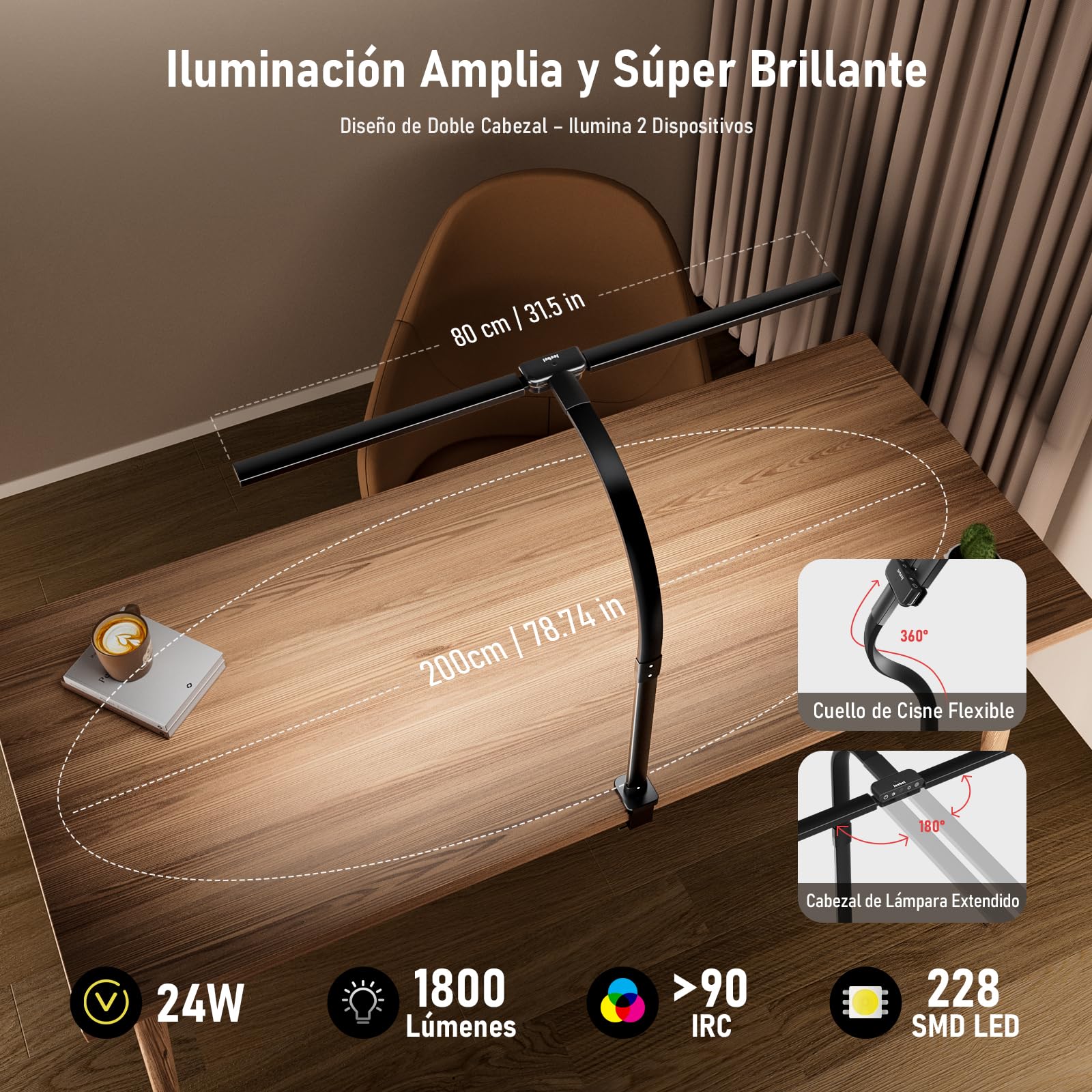 Jeebel Lámpara de Escritorio Pinza LED 24W 80cm Doble Cabezal 1800LM 10 Temperatura Color 10 Niveles Brillo