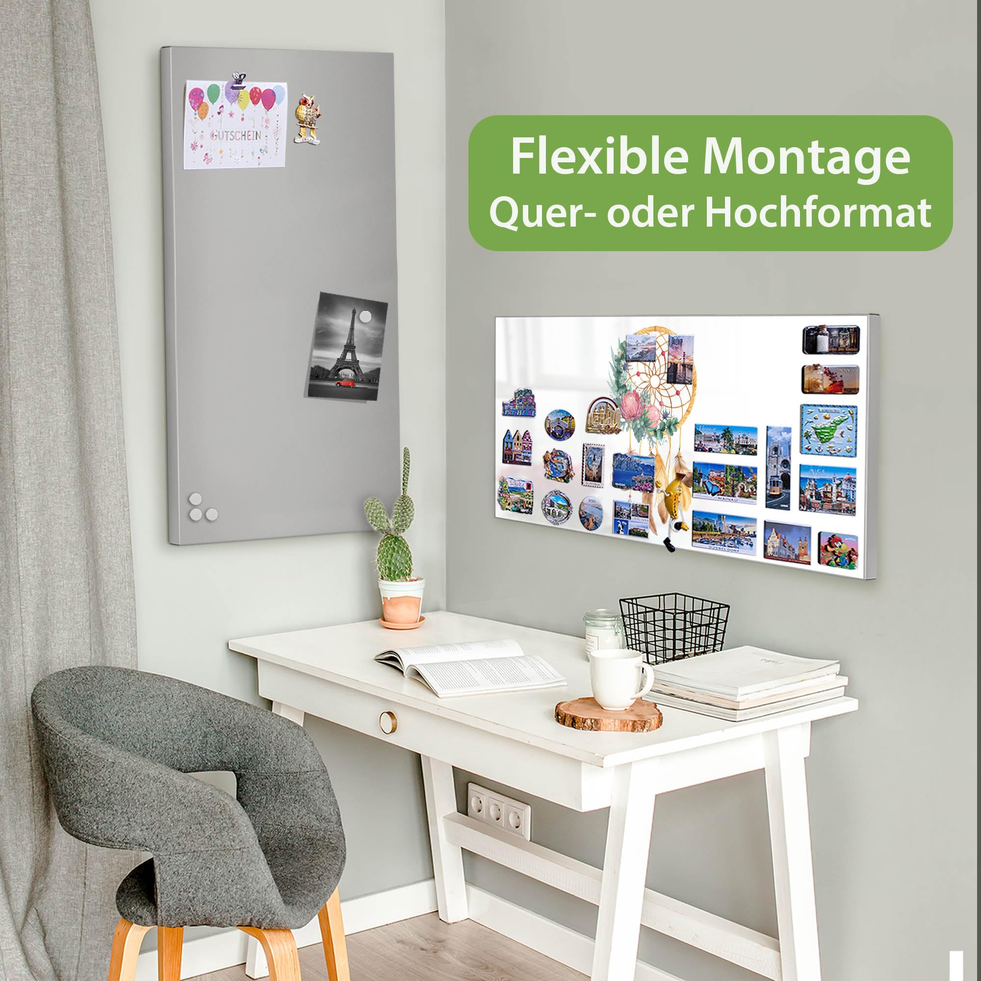 banjado Magnettafel Metall 78 x 37cm - beschreibbare Magnettafel - Metall Pinnwand als Memoboard - Magnetwand Küche, Büro, Kinderzimmer Grau inkl. 4 Magnete & Montageset - Motiv Traumfänger Federn u
