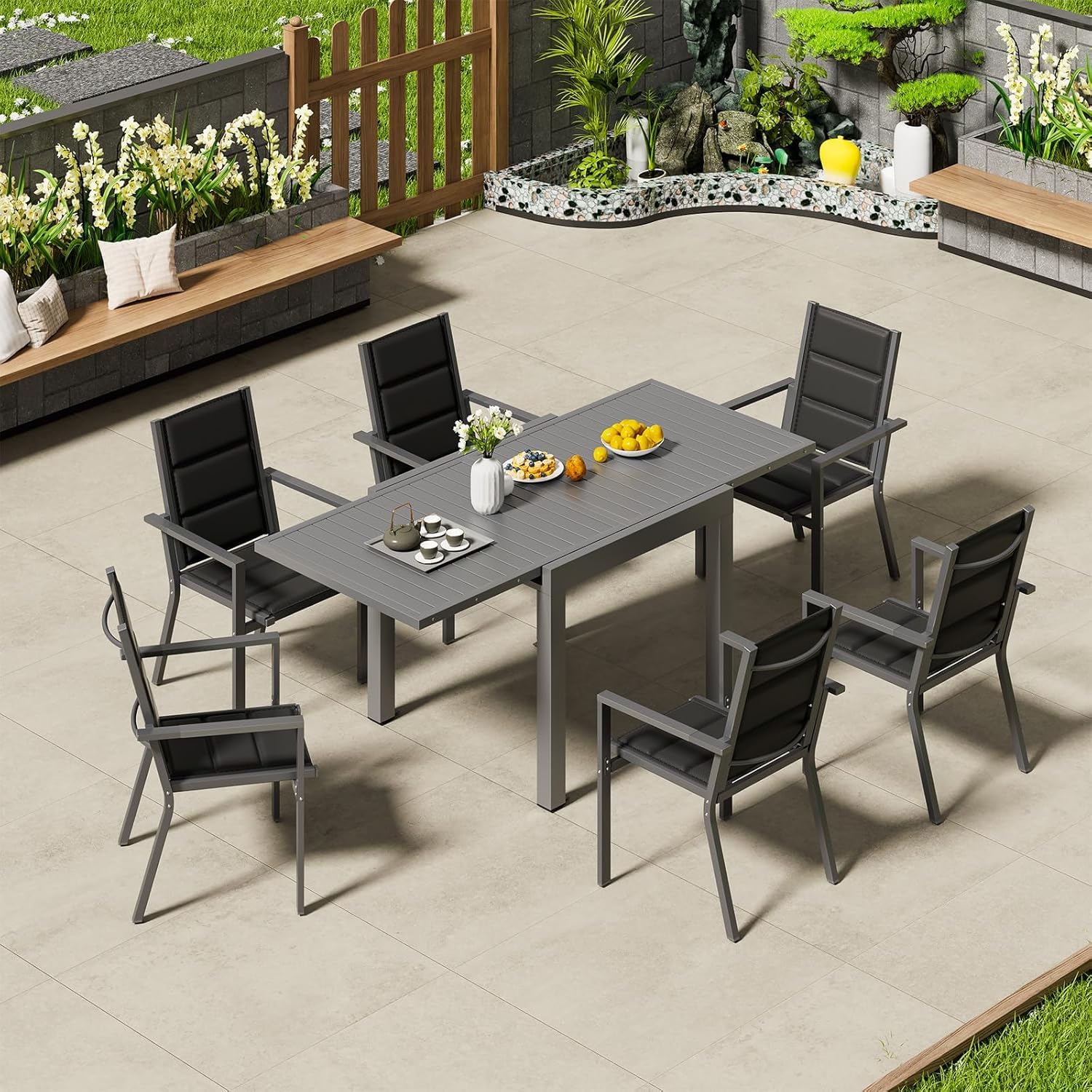 Devoko Gartenmöbel Set 6 Personen,6+1 Aluminium Tisch und Stühle Set Balkonmöbel, 6 Stapelbare Gartenstühle und 1 80/160 cm Dehnbarer Gartentisch,Terassen möbelsets außen Lounge, Dunkelgrau