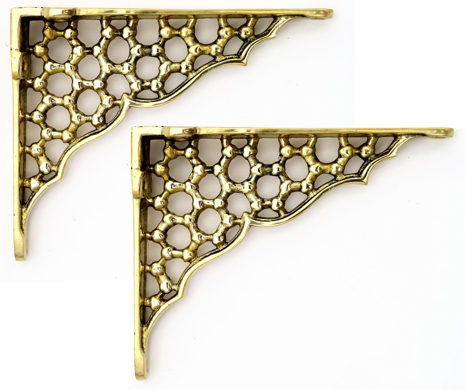 Pair of Honeycomb Shelf Brackets - Brass or Cast Iron 6" x 5" (15cm x 12cm) [Brass]