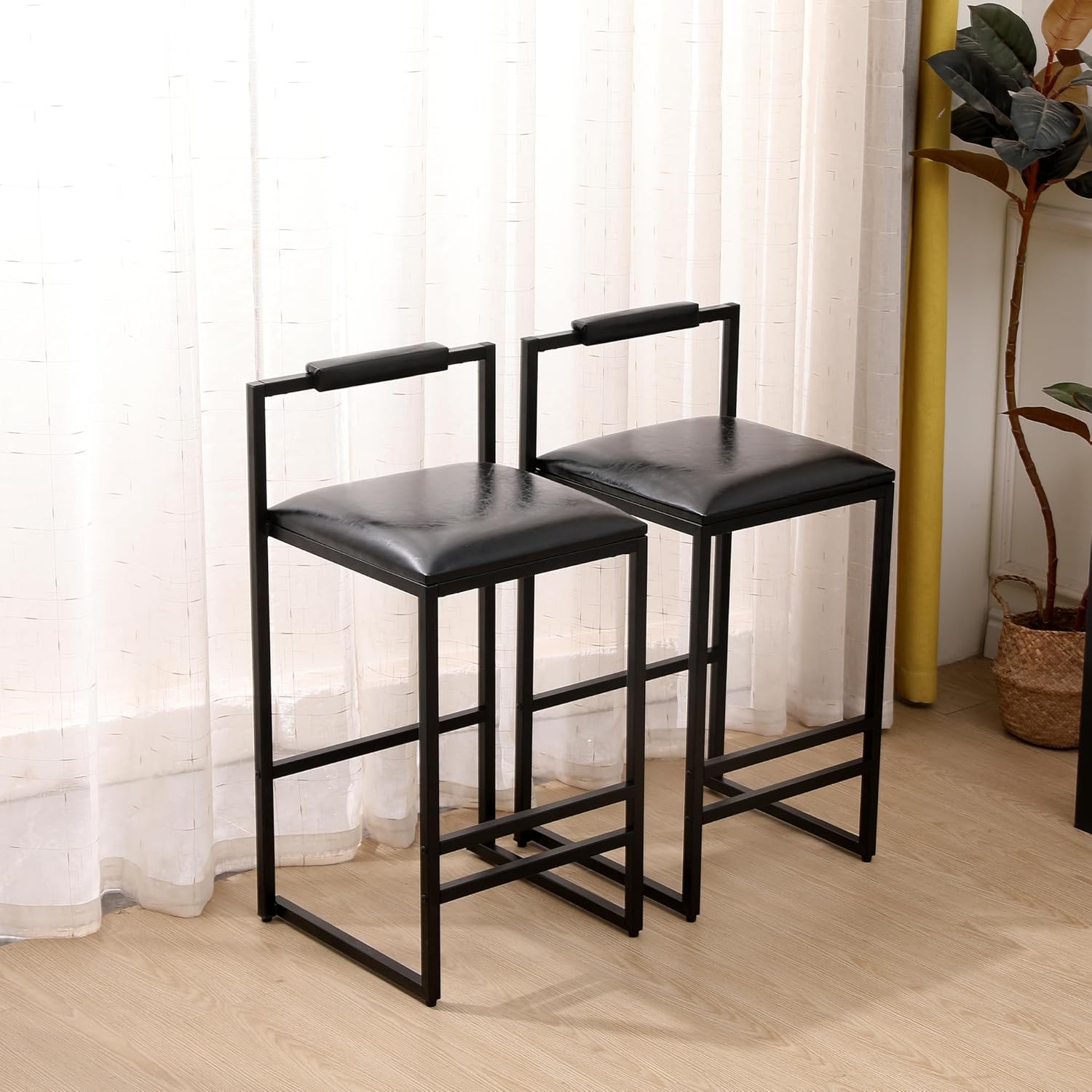 Set of 2 Counter Height Barstools, Black PU Leather Bar Stools with Low Backrest & Black Metal Legs, Modern Armless Bar Chairs for Kitchen Island, Bar (24.8" Seat Height)