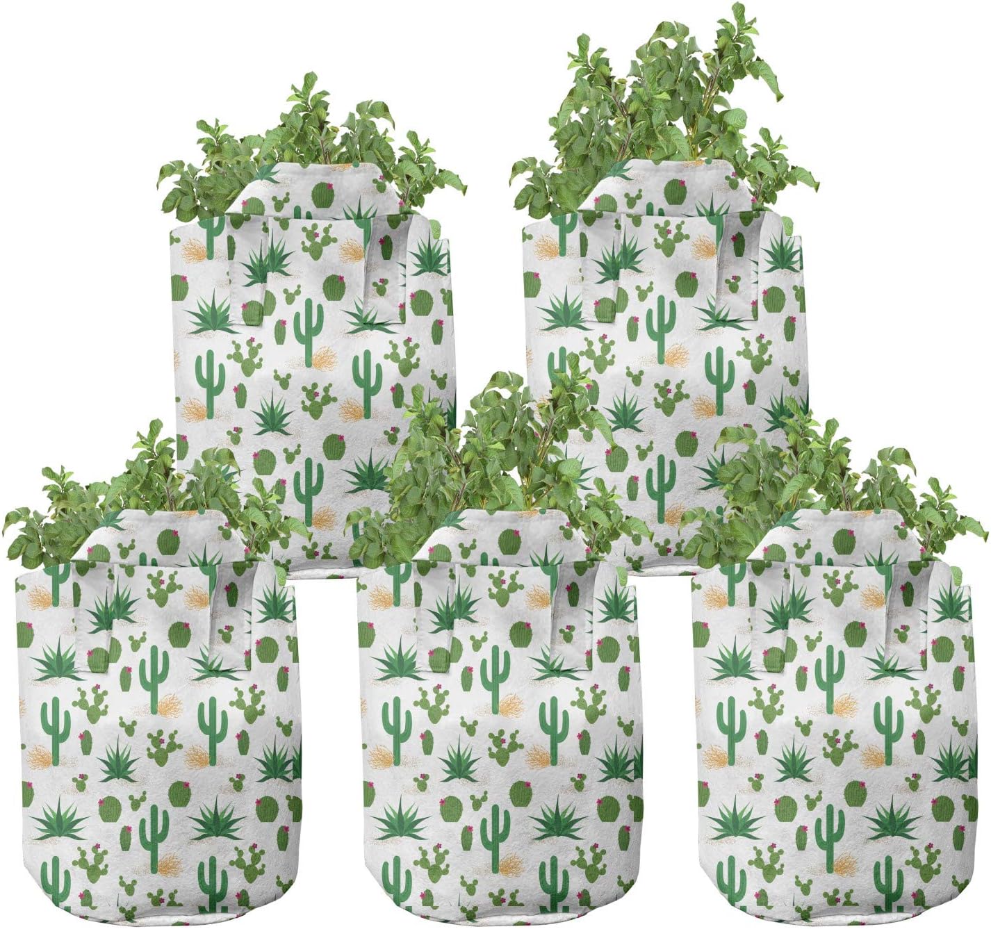 Ambesonne Southwestern Grow Bags 5-Pack, Fun Desert Cactus, Heavyduty Fabric Pots with Handles for Plants, Multicolor
