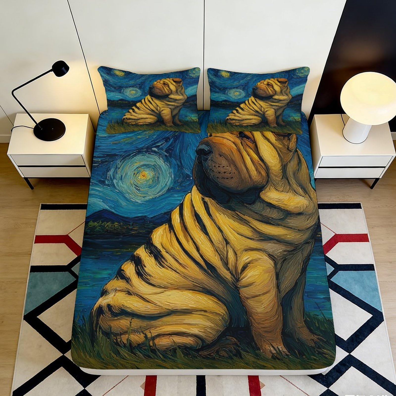 Uynsixtme Style-1 3D Printed Starry Sky Dog Fitted Sheet Microfiber Deep Pocket Bedroom Bedding Star Dog Mattress Fitted Cover Non-Slip For Adults 200X200x25cm