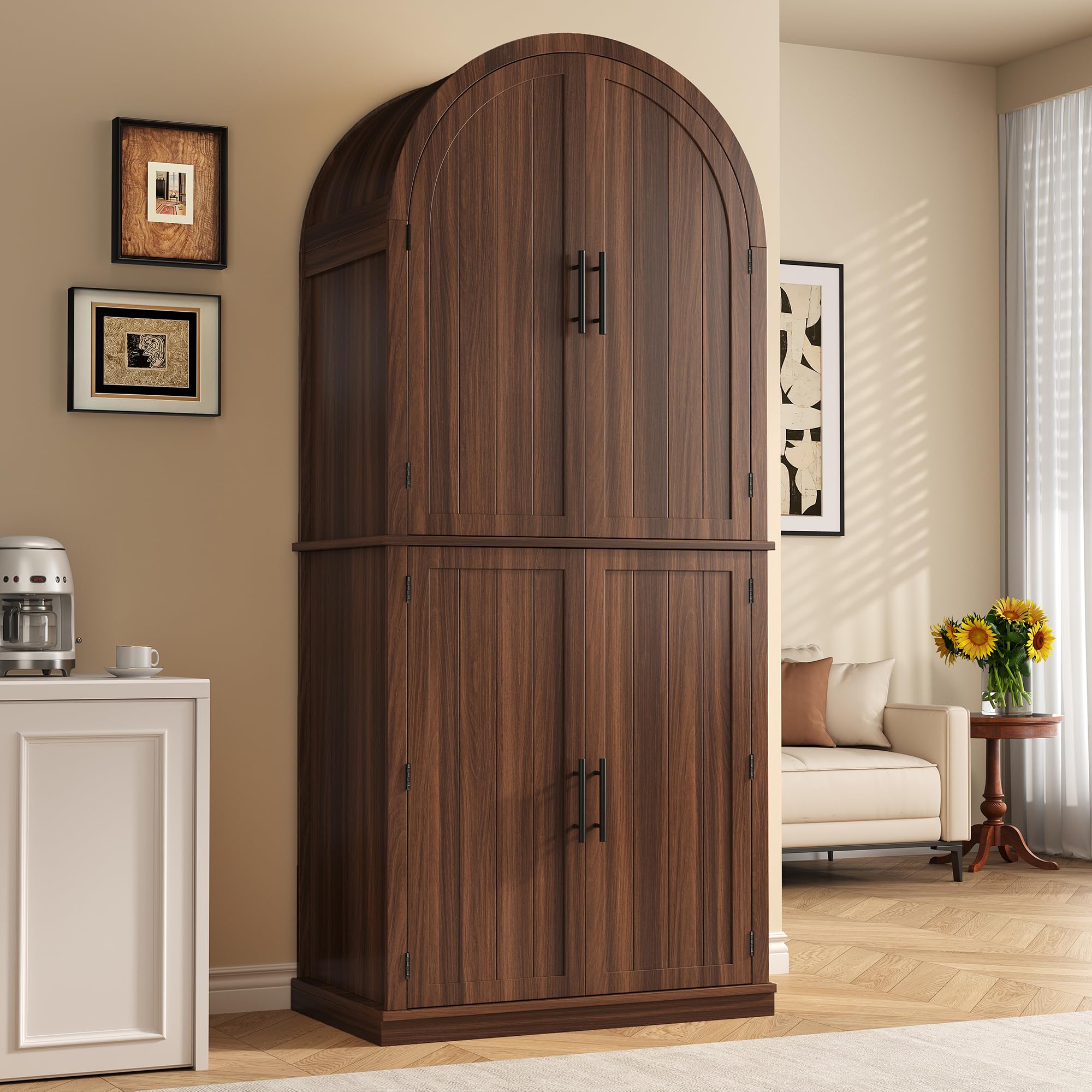 iPormis 71" Arched Cabinet with 6-Tier Door Shelves &amp; Drawer &amp; Adjustable Shelves, Farmhouse Kitchen Pantry with Doors, Modern Wood Storage Cabinet for Dining Room, Living Room, Bathroom, Walnut