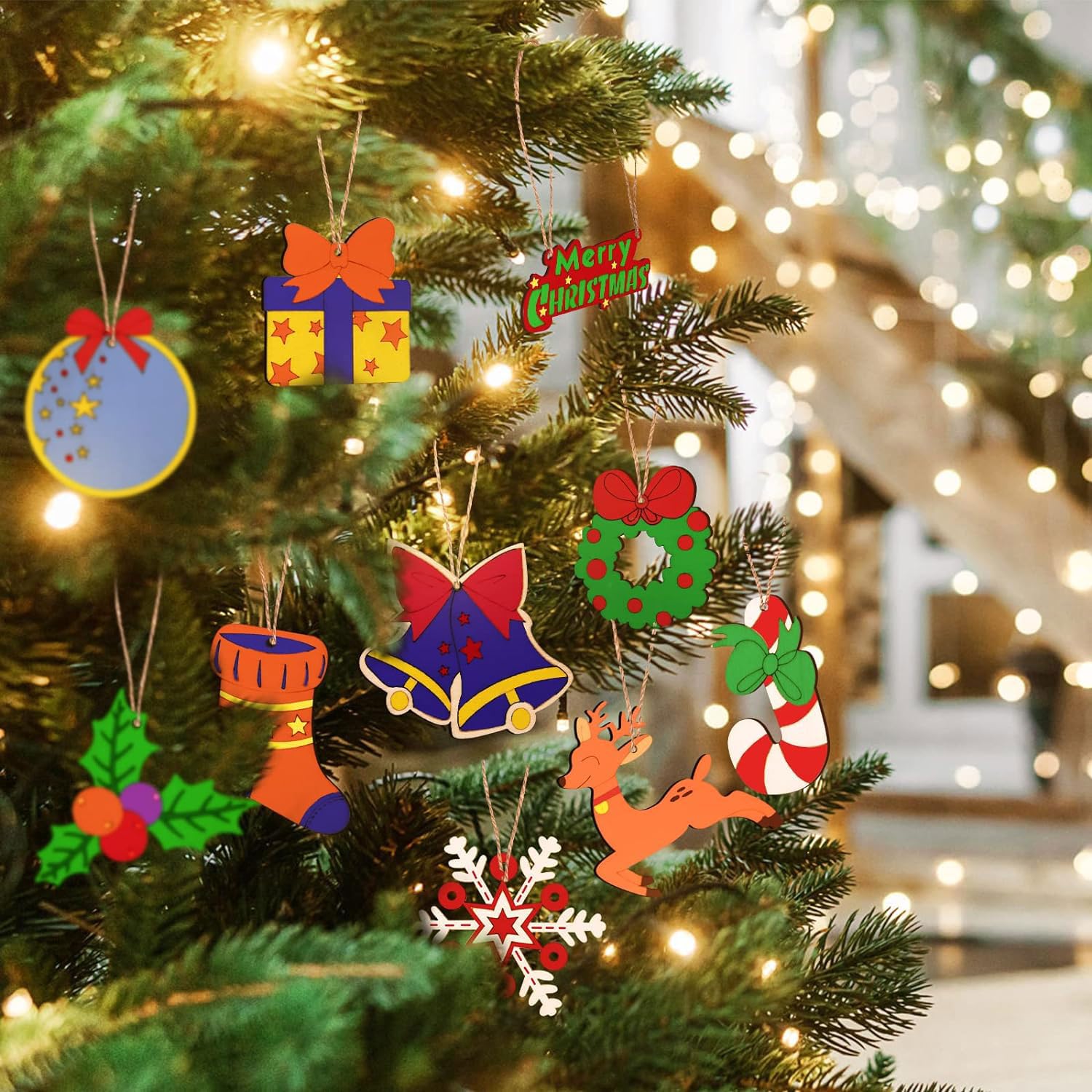 80 Ornements Bois Noël DIY à Peindre - Pendentifs Sapin Avec Corde Et Accessoires - Deco Noel Artisanat