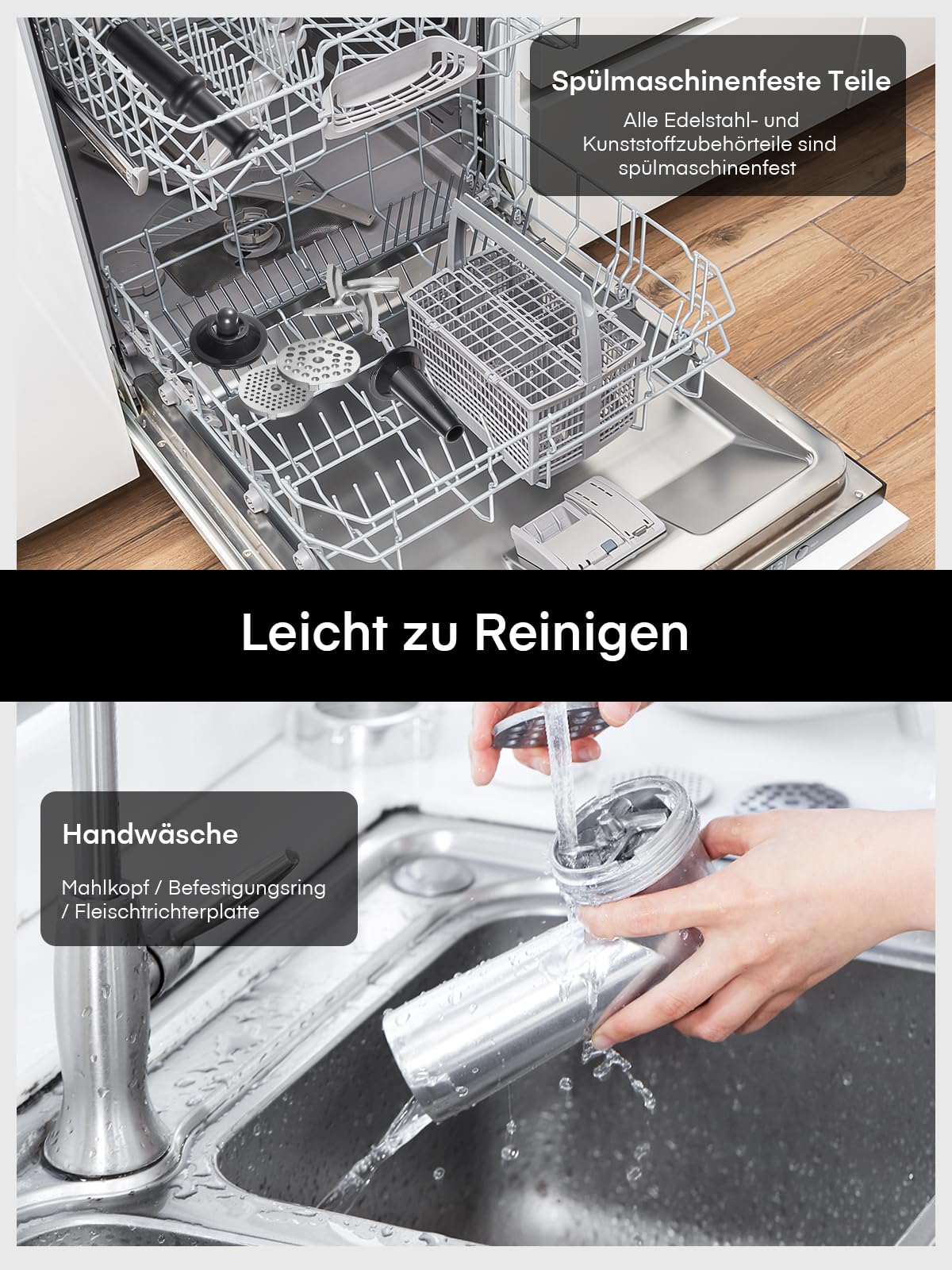 Fleischwolf Elektrisch, HOUSNAT 5 in 1 Elektrischer Fleischwolf, 700W 2800W Max Blockierleistung, mit 3 Edelstahl Loch-Scheiben(3/5/7mm) & 4 Kegel-Klingen, Wurstaufsatz, Kubbe-Aufsatz, Schwarz