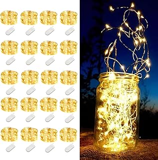 LEDIKON 20 Pack Fairy Lights Battery Operated,Long Lasting 7.2ft 20 LED Silver Wire Warm White Firefly Mason Jar Lights,Mi...