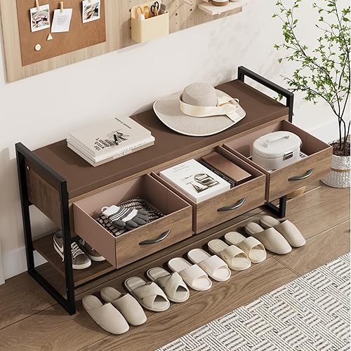 Miniatura 3 de BOTLOG Banco de zapatos, banco de almacenamiento de zapatos de 39.4 pulgadas con cojín, organizador industrial para zapatos con cajones de tela,