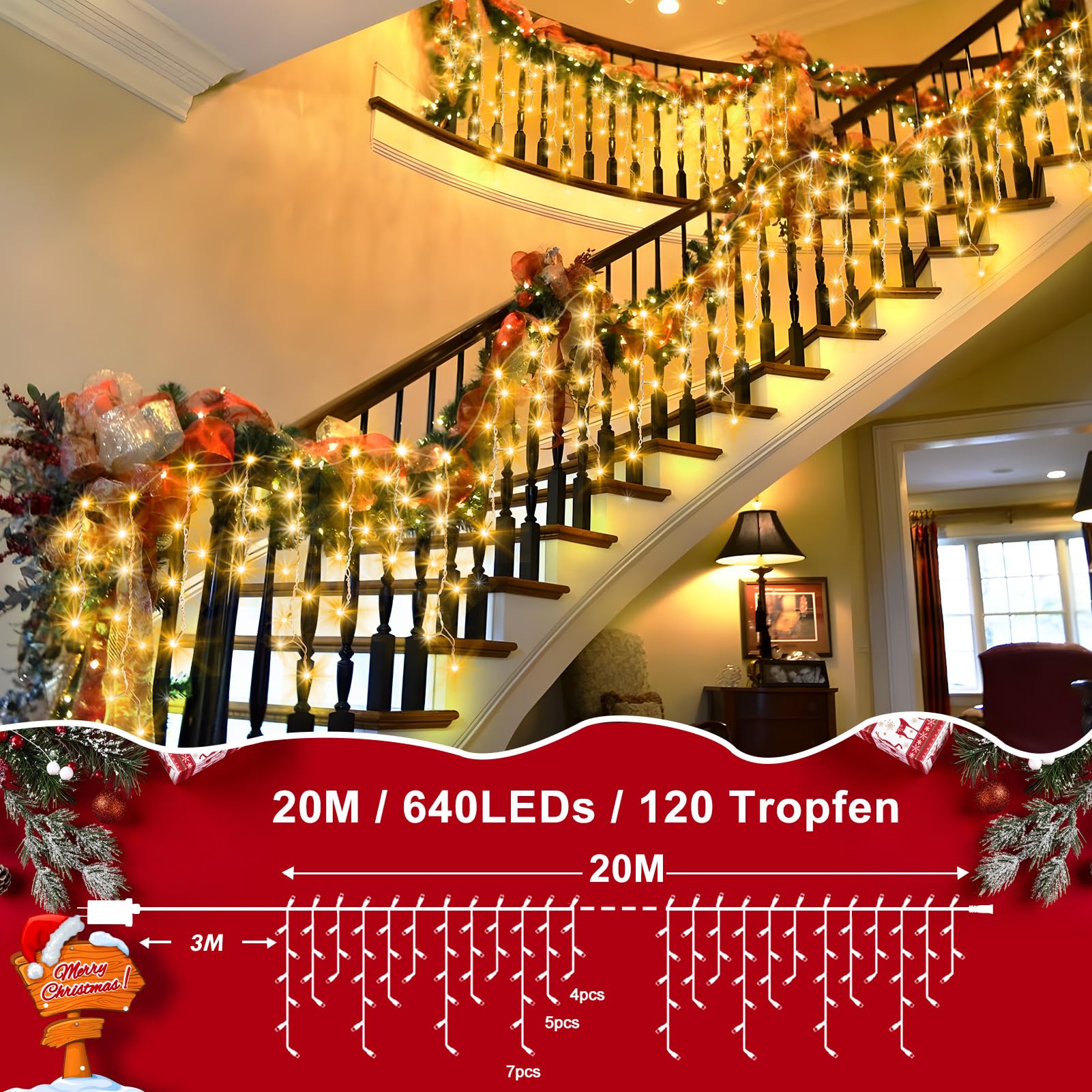 XURISEN 20M 640 LED Weihnachts Eisregen Lichterkette Warmweiß 4-5-7 Eiszapfen Timer 8 Modi IP44 Wasserdicht für Traufe Garten Vorbau
