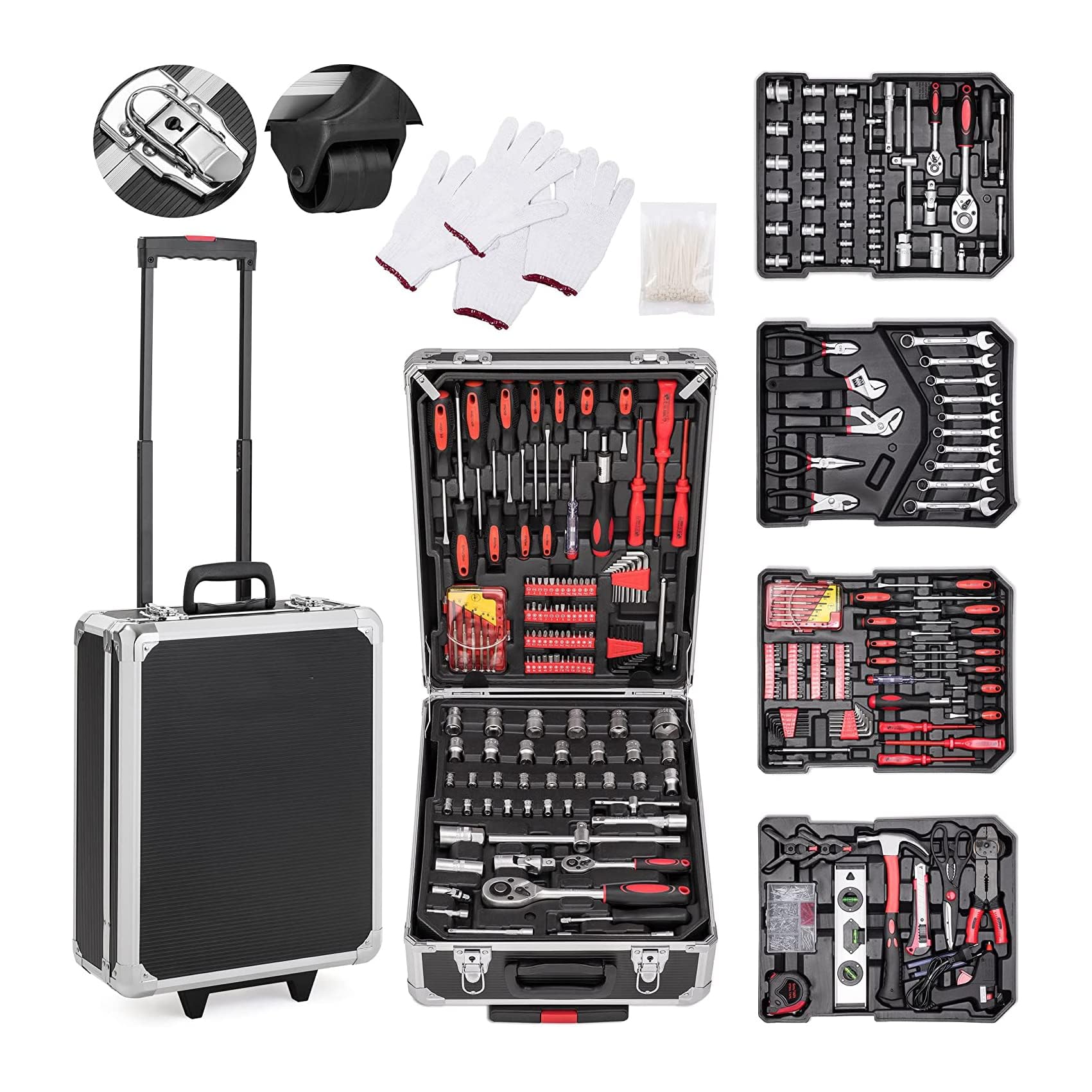 MBI - Valigetta attrezzi completa con 318 Pezzi con 4 scomparti removibili, ruote e manico, Carrello porta attrezzi 51x36x20 Cm, cassetta da lavoro fai da te