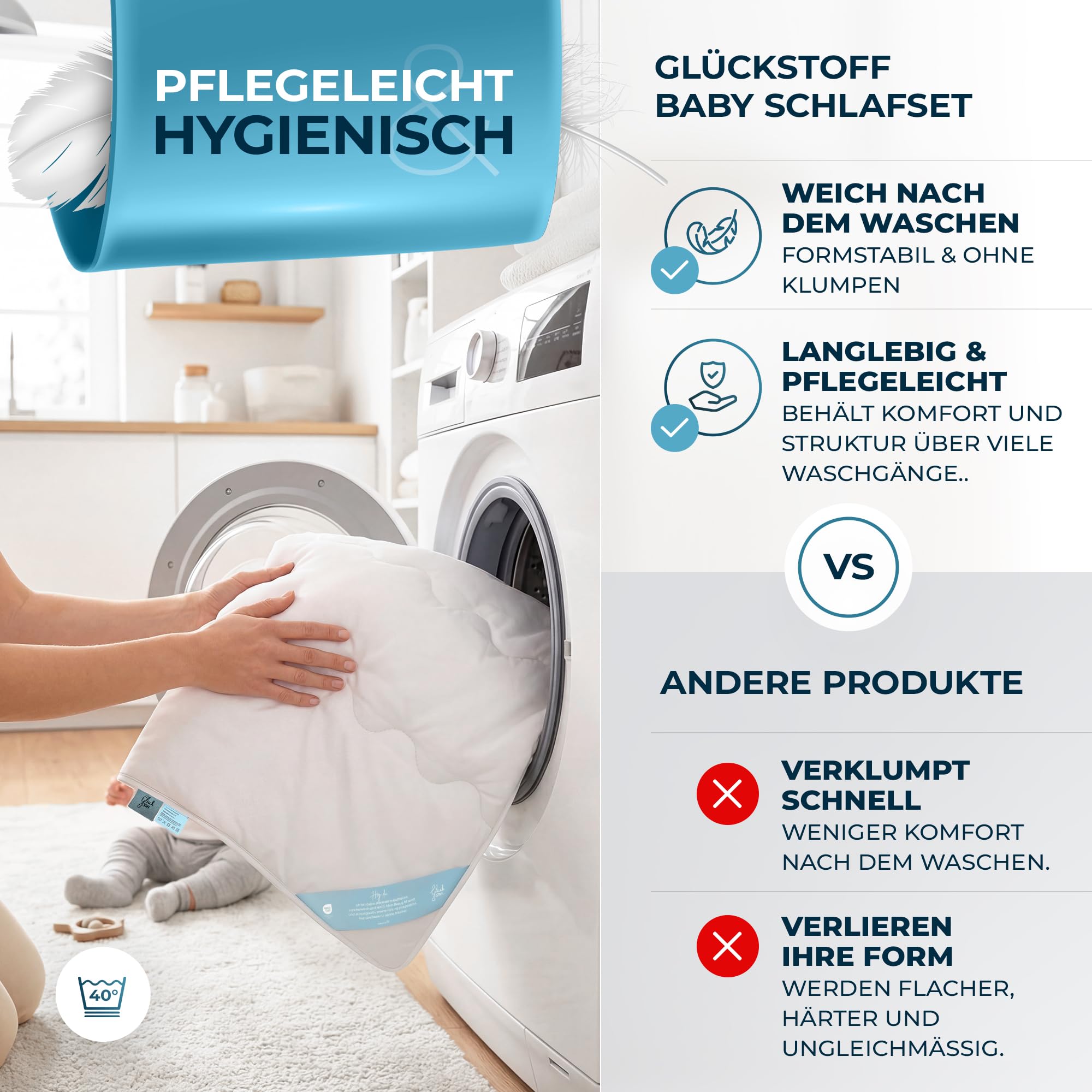 Glückstoff® Kinder Bettdecken Set [BETTDECKE & Kissen] - Baby Bett Set - Kinderbettdecke 520g - Ganzjahres Bettdecke & Kissen flach für Babys - Babybettdecke - Bettwäsche Kleinkind (100x135; 40x60)