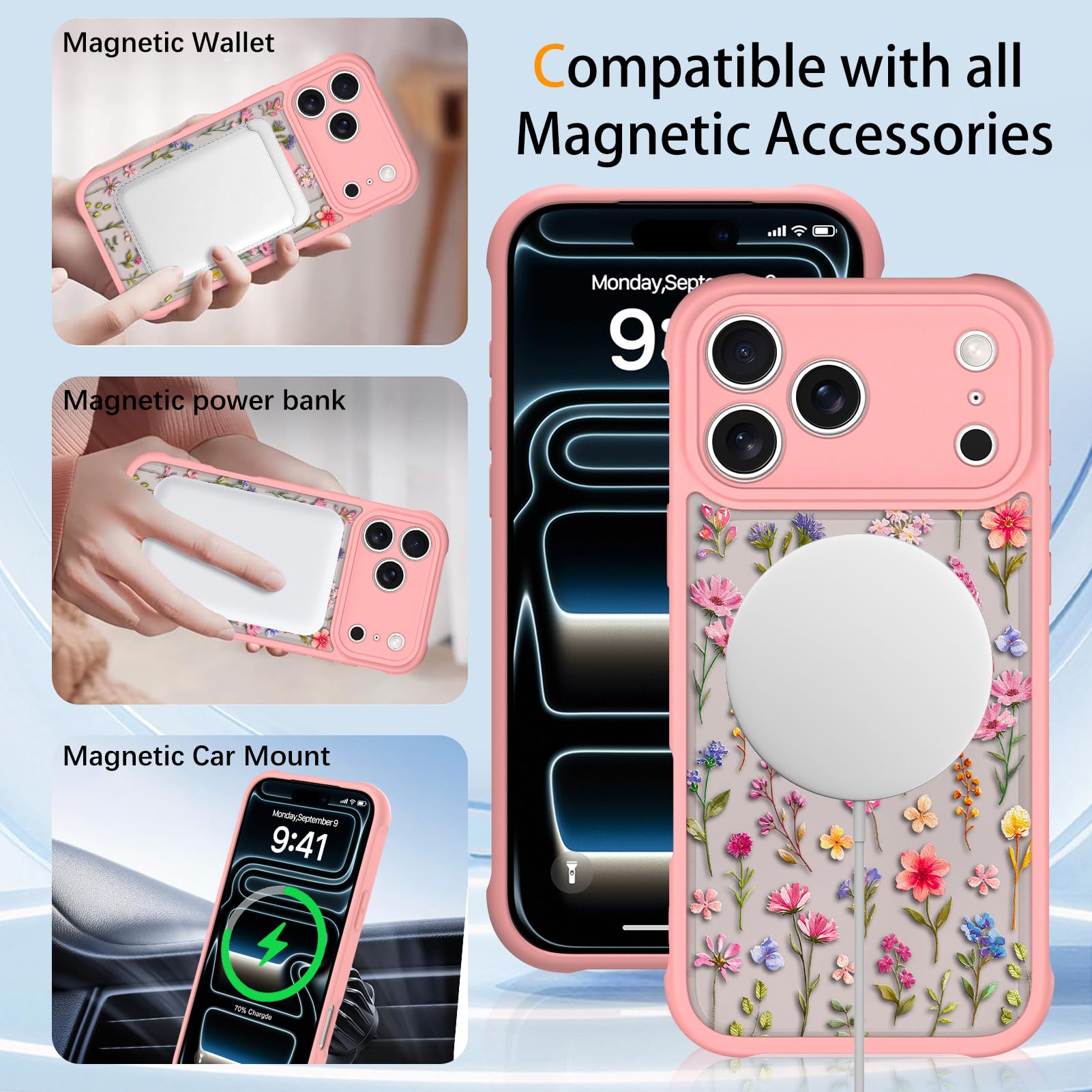 Coque magnétique conçue pour iPhone 17 Pro Max, motif floral rose