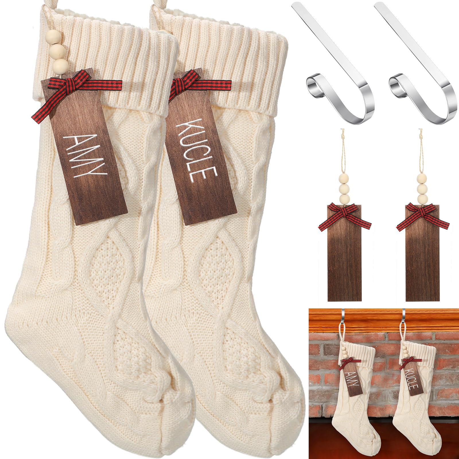 2 Sets Christmas Stockings Xmas Knitted Stockings Kit 18 inch Large Knit Xmas Stocking Metal Stocking Holder and Name Tags with Marker Pen for Family Holiday Xmas Party Fireplace Mantel Decor (Ivory)