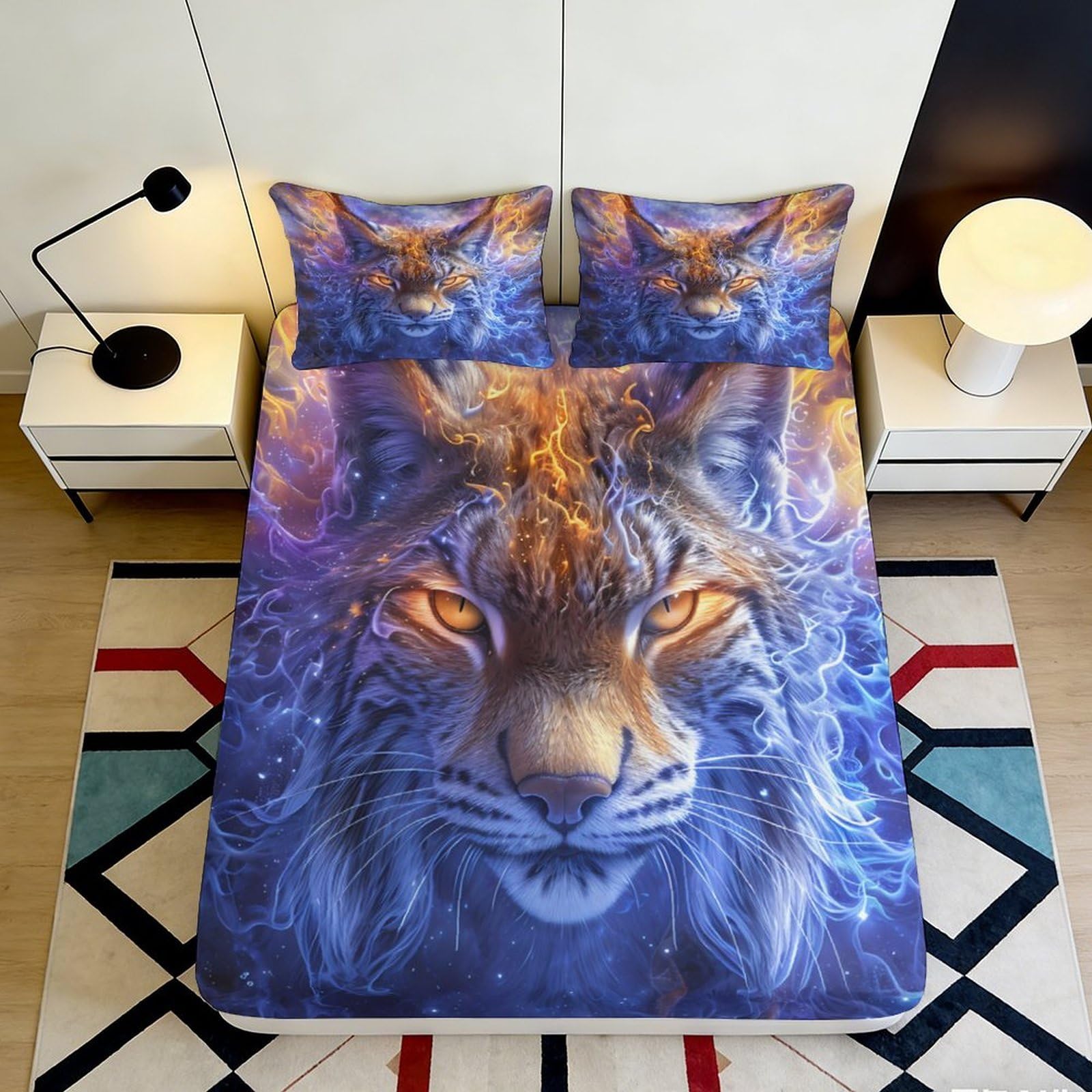 3D Printed Fiery Tiger Fitted Sheet Microfiber Breathable Blue Jungle Mattress Cover Bedroom Decor Anti-Slip Washable 90x200x25cm