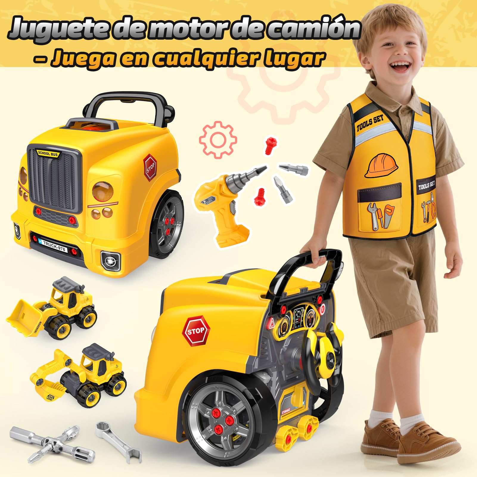 Juguetes para Niños 3-8 Años: Juego de Herramientas con Camión Desmontable y Vehículo de Construcción con Disfraz de Constructor Incluido, Juguete Educativo Stem, Cumpleaños
