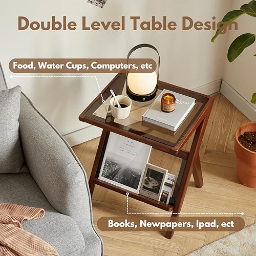 Miniatura 4 de Mesa auxiliar de madera en forma de Z con parte superior de vidrio extraíble, una adición contemporánea y versátil a tu espacio vital (nogal)