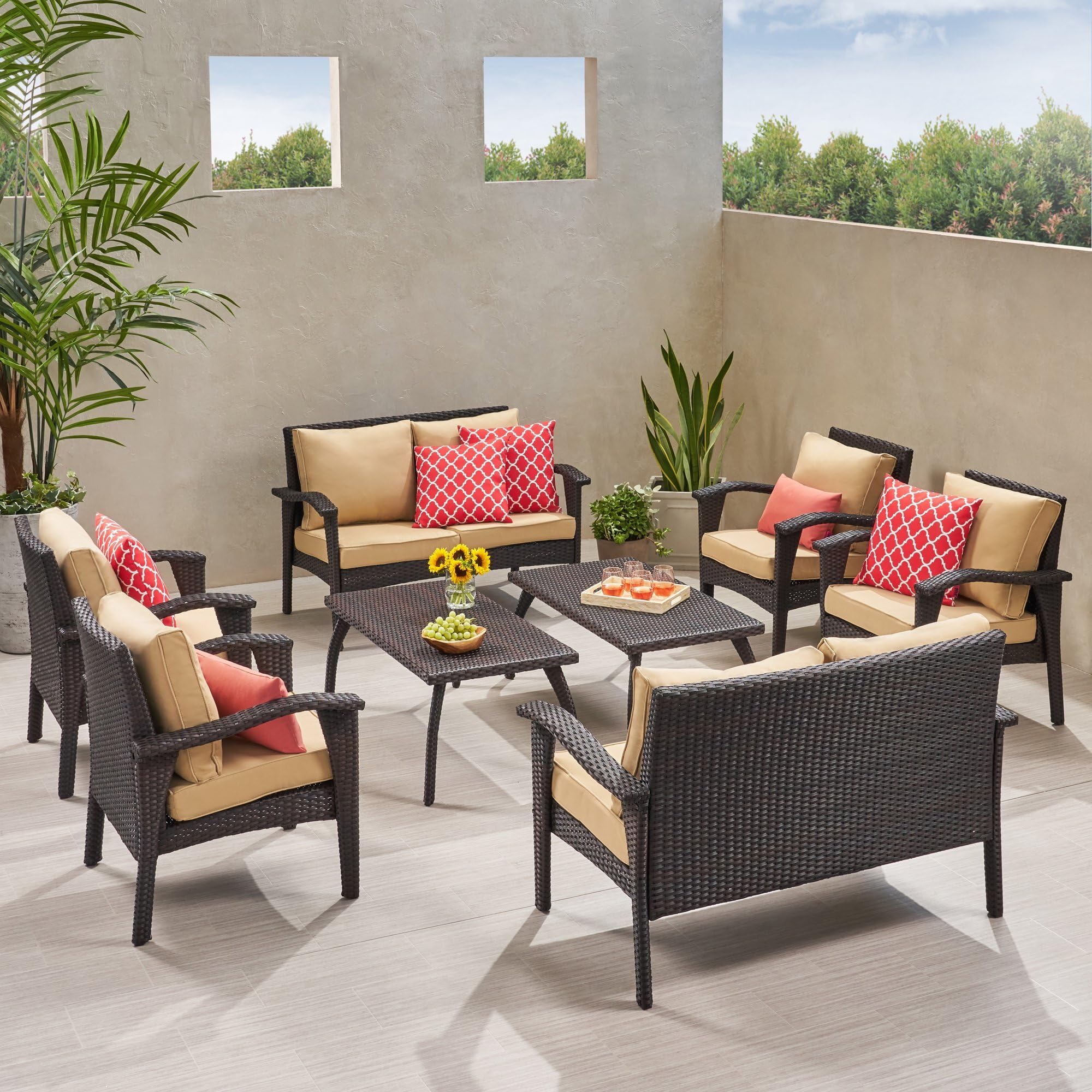 DEVOKO 8 Seater Outdoor Wicker Conversation Set with 2 Center Table and Arm Chair Sofa for Garden, Terrace, Deck, Backyard, Poolside (Dark Brown & Cream)-image-49