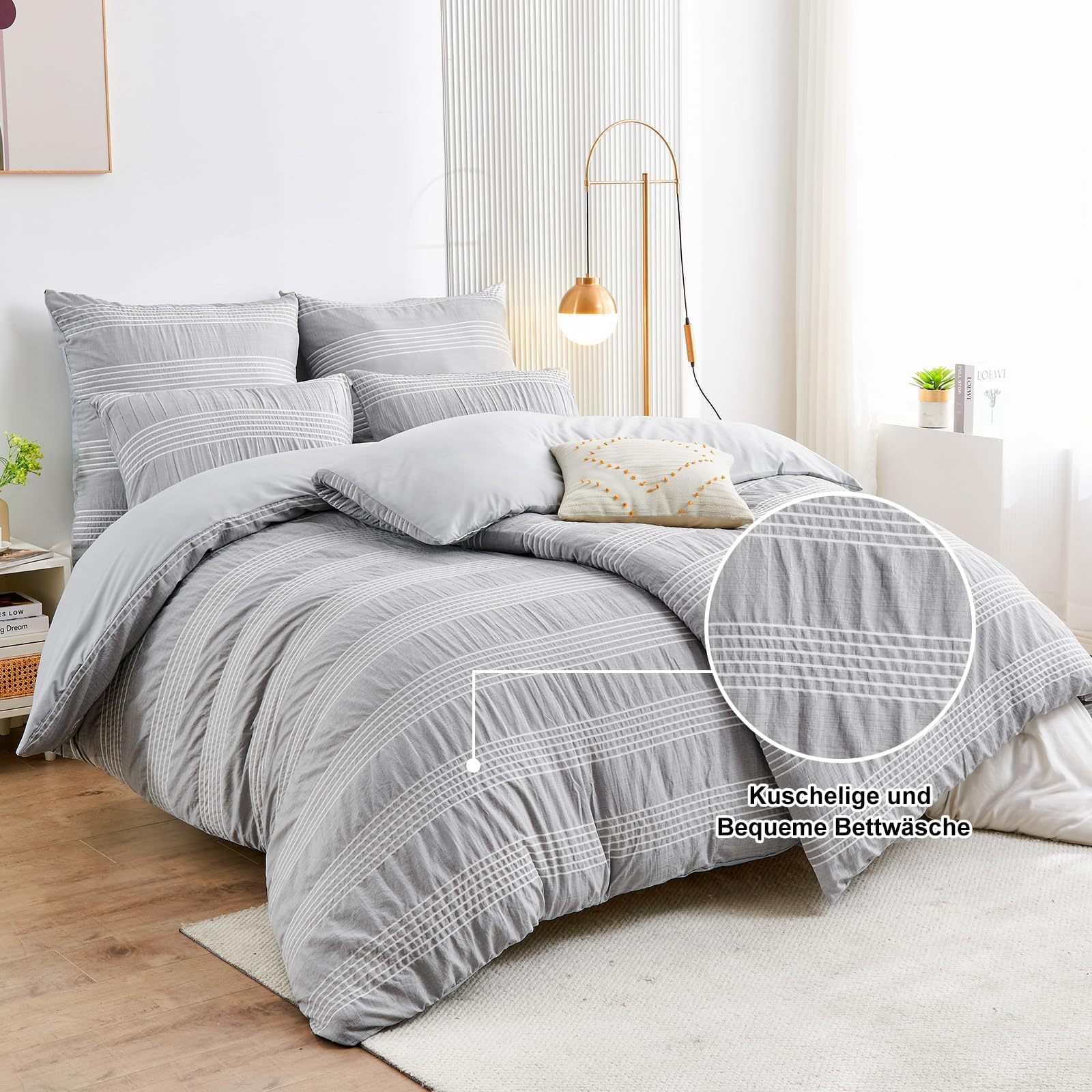Qucover Bettwäsche 155x220cm,Seersucker Bettwäsche 4teilig Grau Mikrofaser | Bettwäsche-Sets, 2 Bettbezüge 155x220 cm + 2 Kissenbezüge 80X80 cm, Bügelfrei Kuschel Bettwäsche mit Reißverschluss