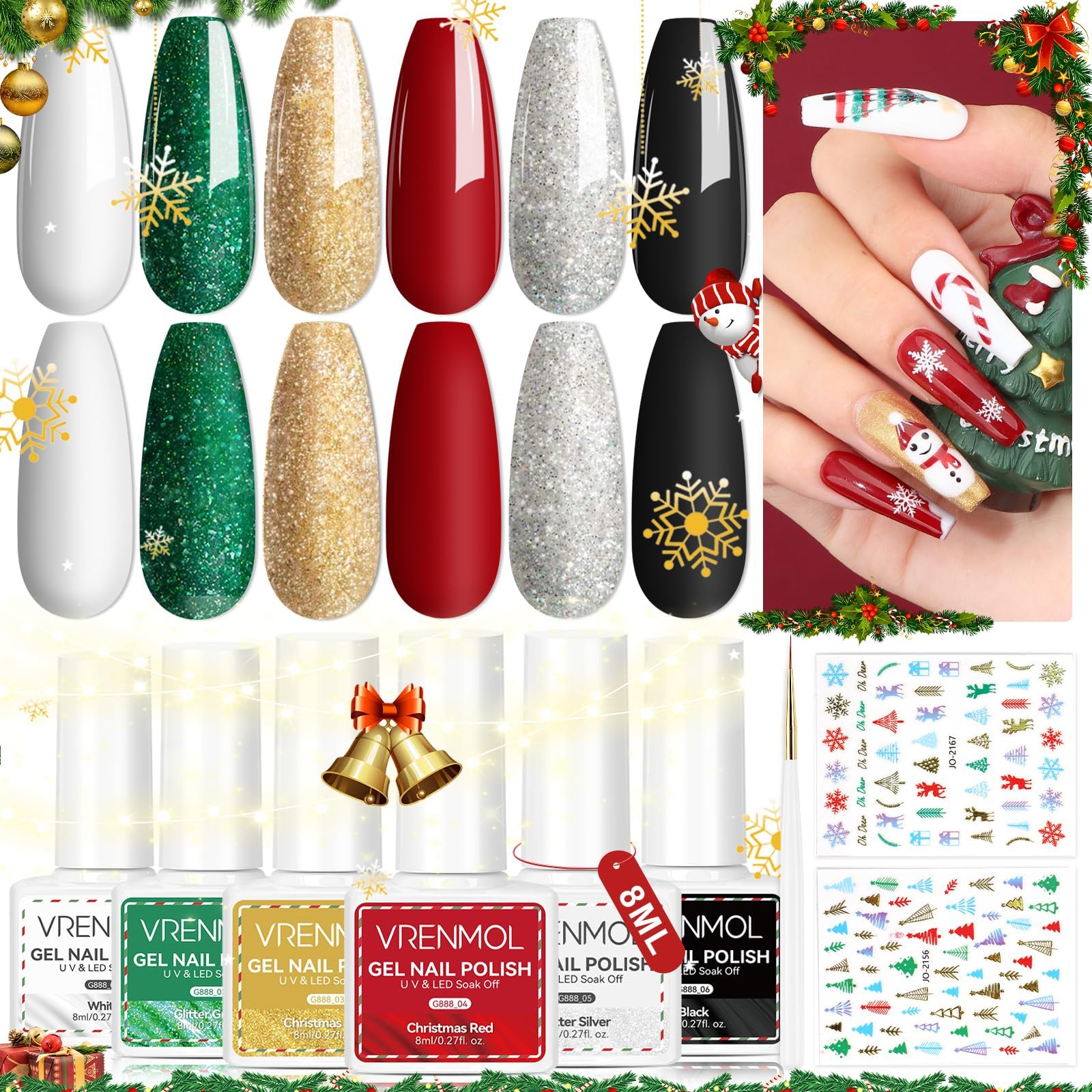 VRENMOLClassic Gel Nail Polish Set: 6 Colors Glitter Gel Polish 0.27oz Red Green Gold Silver Soak-off LED Gel Nail Polish Kit with Nail Art Stickers Nail Liner for Home Salon Manicure Design Gift