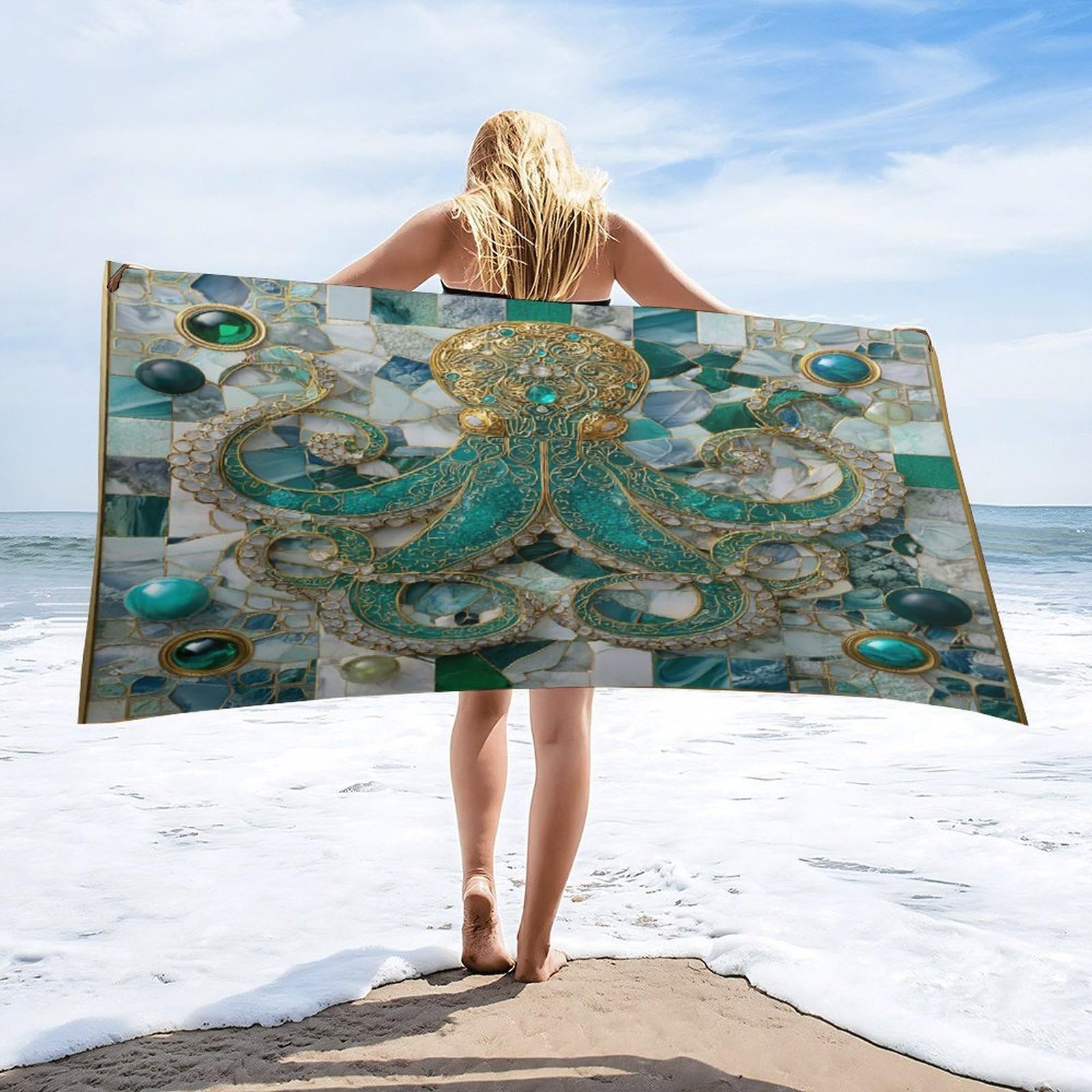 Luyysky Retro Abstract Ocean Octopus Quick-Drying Beach Towel, Colorful Vintage Animal Octopus Blue Gold Marble Texture Travel Vacation Single Sided Pile Bathroom Towels-80 W Cm X 160" L Cm