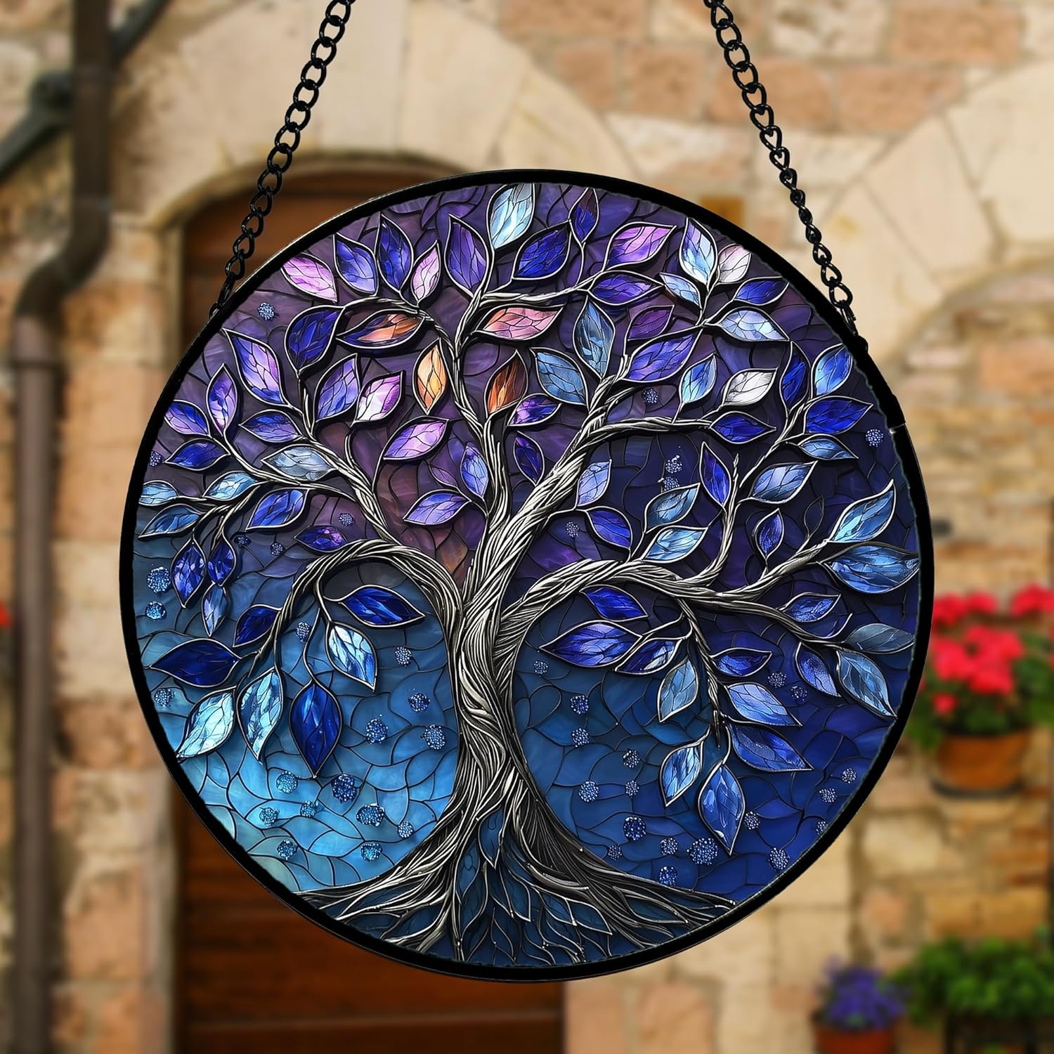 Stained Glass Window Hanging, Blue Purple Tree of Life Sun Catchers Colorful Glass Panel Plants Suncatcher Decor for Birthday for Women,Men,Wife, Lovers, and Mom 6.3 in - Image 6
