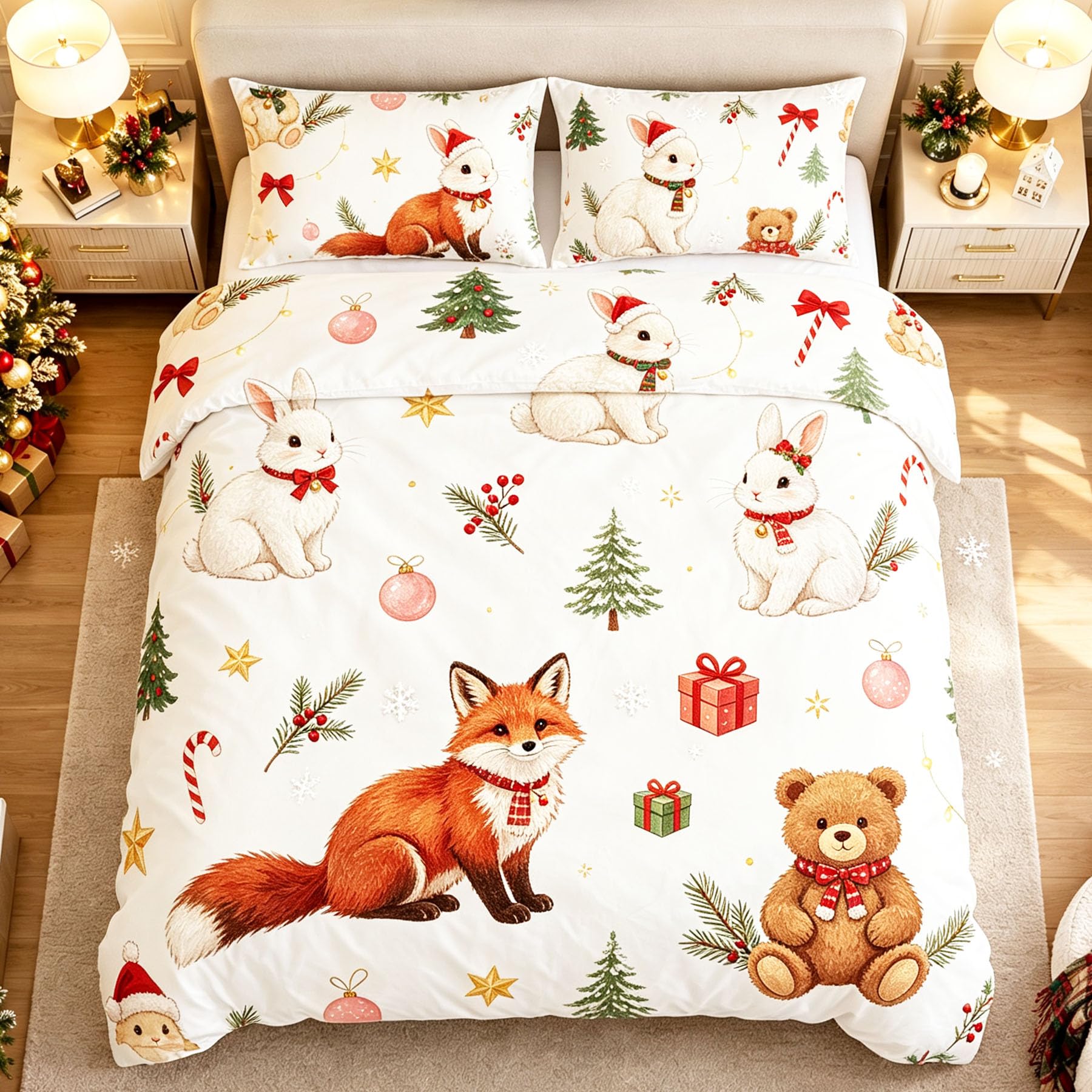 Christmas Housse de Couette Animaux Mignons, Parure de Lit avec 2 Taies