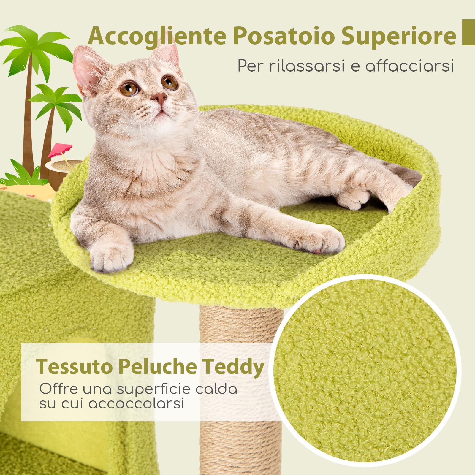 COSTWAY Tiragraffi per Gatto Alto 180 cm Stile Tropicale, Albero Tiragraffi Gatti con Pali con Corda in Juta, Piattaforme, 2 Grotte e Pompon, Torre Gatto Rivestito in Peluche, Blu e Verde