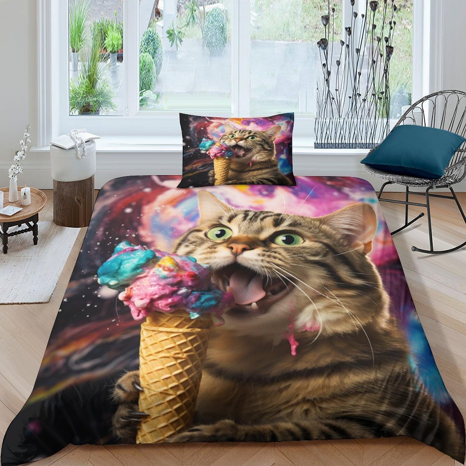 Housse de couette chat mignon 3D microfibre parure de lit 3 pièces zip