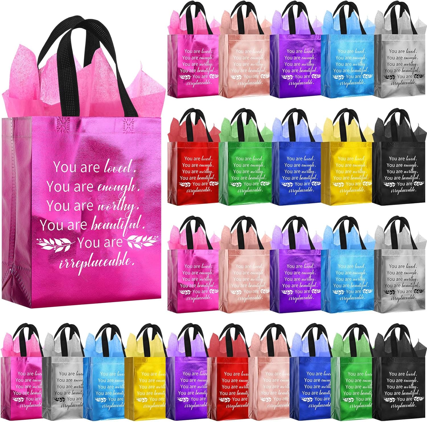 Resholder 30 Set Gift Bags with Tissue Paper, Medium Reusable Non-woven Tote with Handles for Employee Appreciation Staff Coworker Office Gifts, Team Positive Thank You Bag Bulk, 10x8x4 Inch