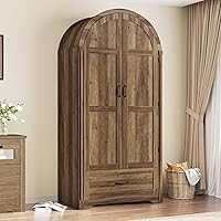 Squireewo 71" Farmhouse Arched Armoire Wardrobe with Mirror, Lights, Drawers & Hanging Rod - Light Rustic Oak Bedroom Closet