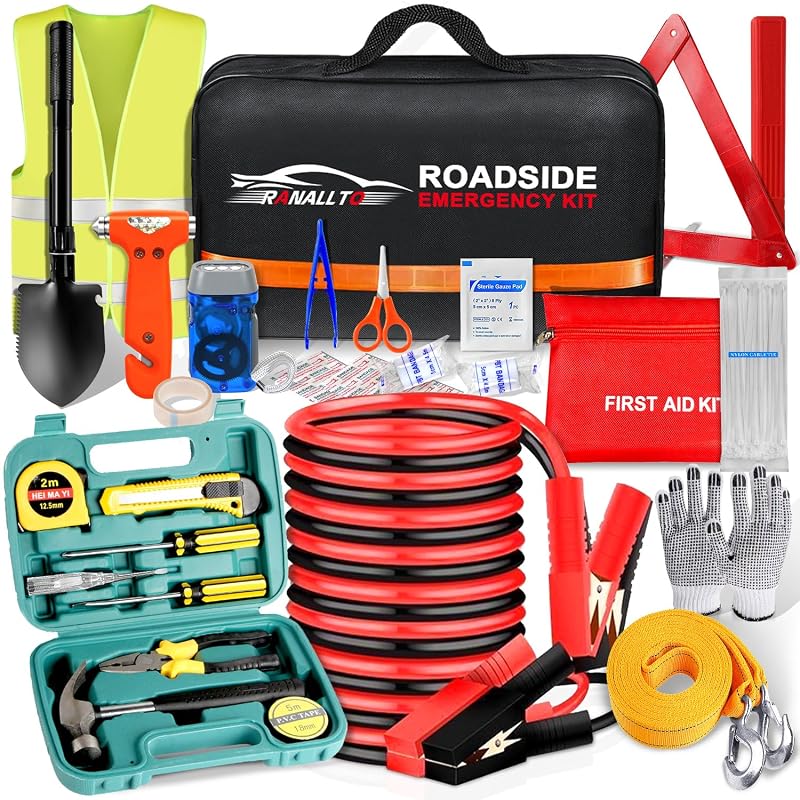Kit de Segurança e Emergência Automotiva Ranallto com Cabos de Chupeta, Pá, Triângulo, Corda e Kit de Primeiros Socorros RANALLTO-03