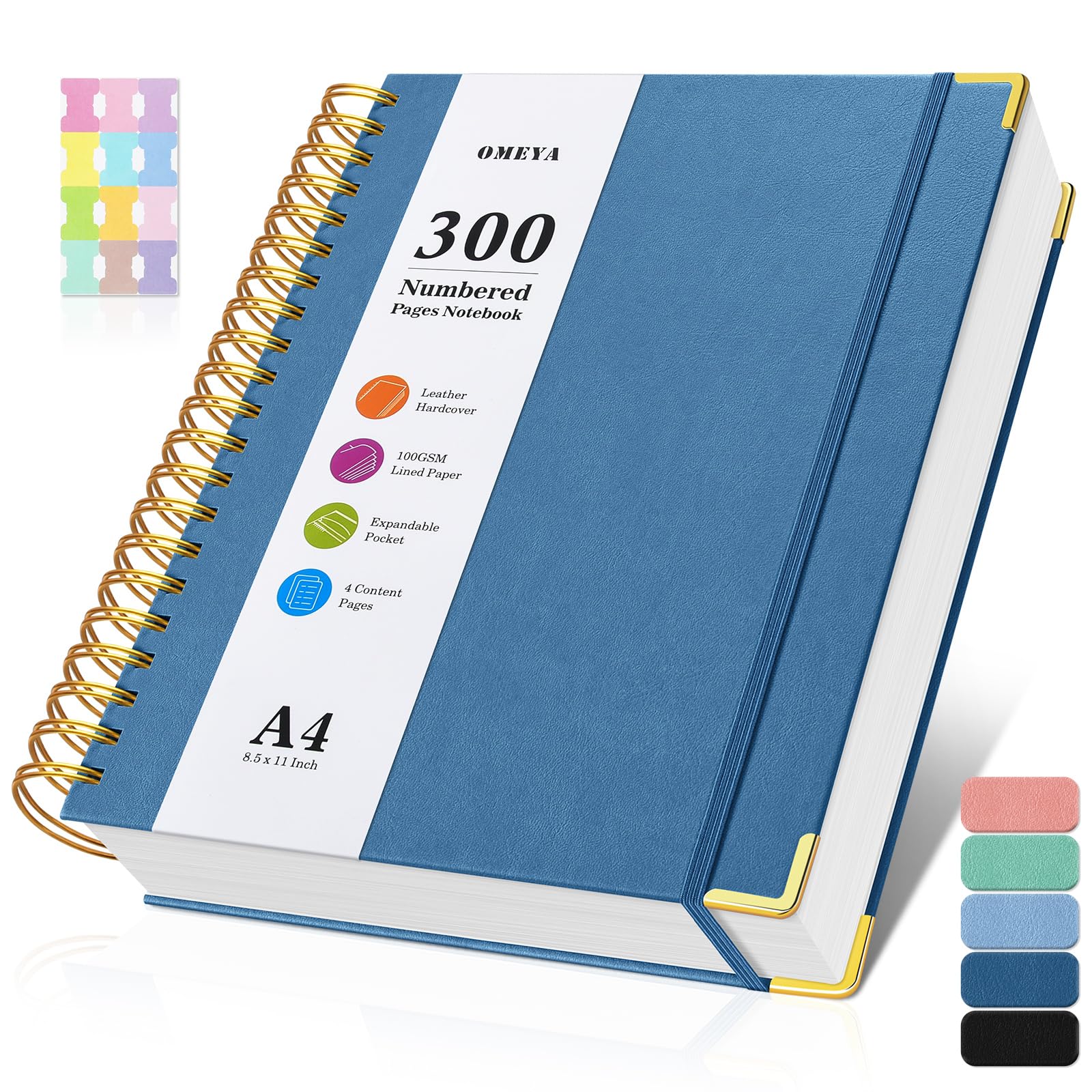 Spiral Notebook 8.5" x 11", 300 Numbered Pages Notebooks College Ruled with Tabs, Hardcover Leather Lined Journal for Women Men, 100GSM Thick Journals for Writing, Large A4 Notebooks for Work School