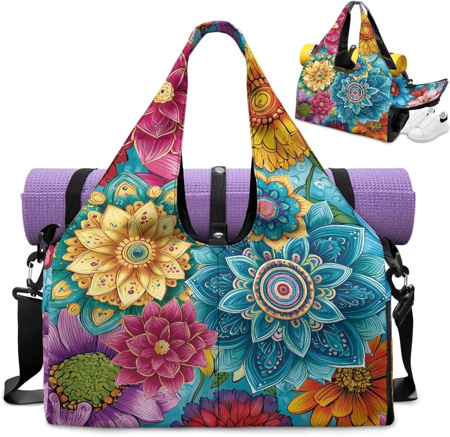 Sunflower Gym Bag for Women Hygienic Yoga Mat Bags with Shoe Compartment Sports Duffel Bags Waterproof, Double Zipper Shoulder Bag for Ballet Class Sport