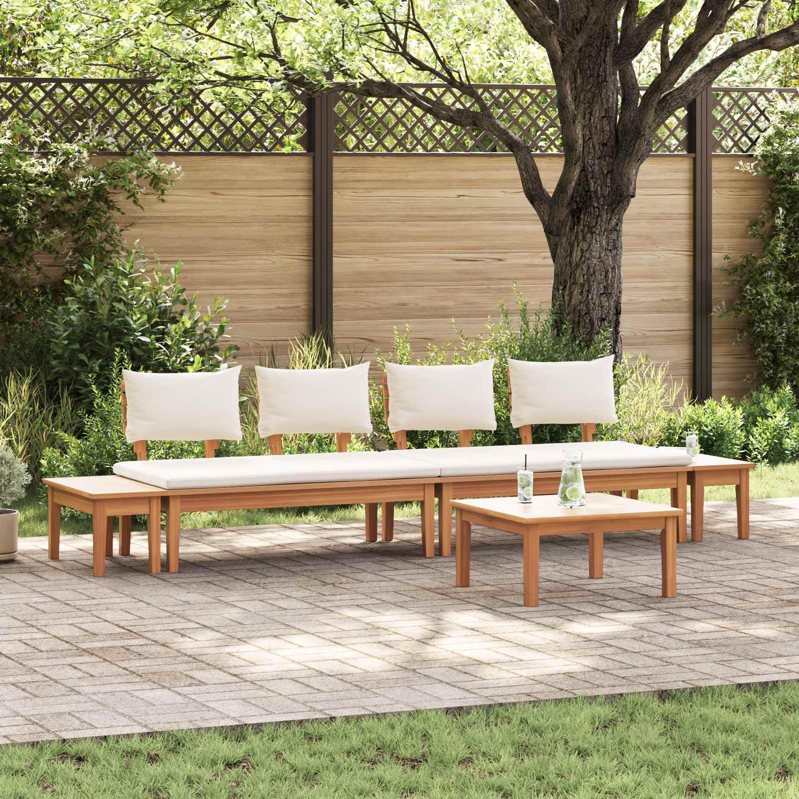 Set di divani da giardino in legno di teak, 5 pezzi, marrone e crema, con meccanismi regolabili, set di mobili da giardino moderni in legno di teak massiccio e morbidi cuscini in poliestere