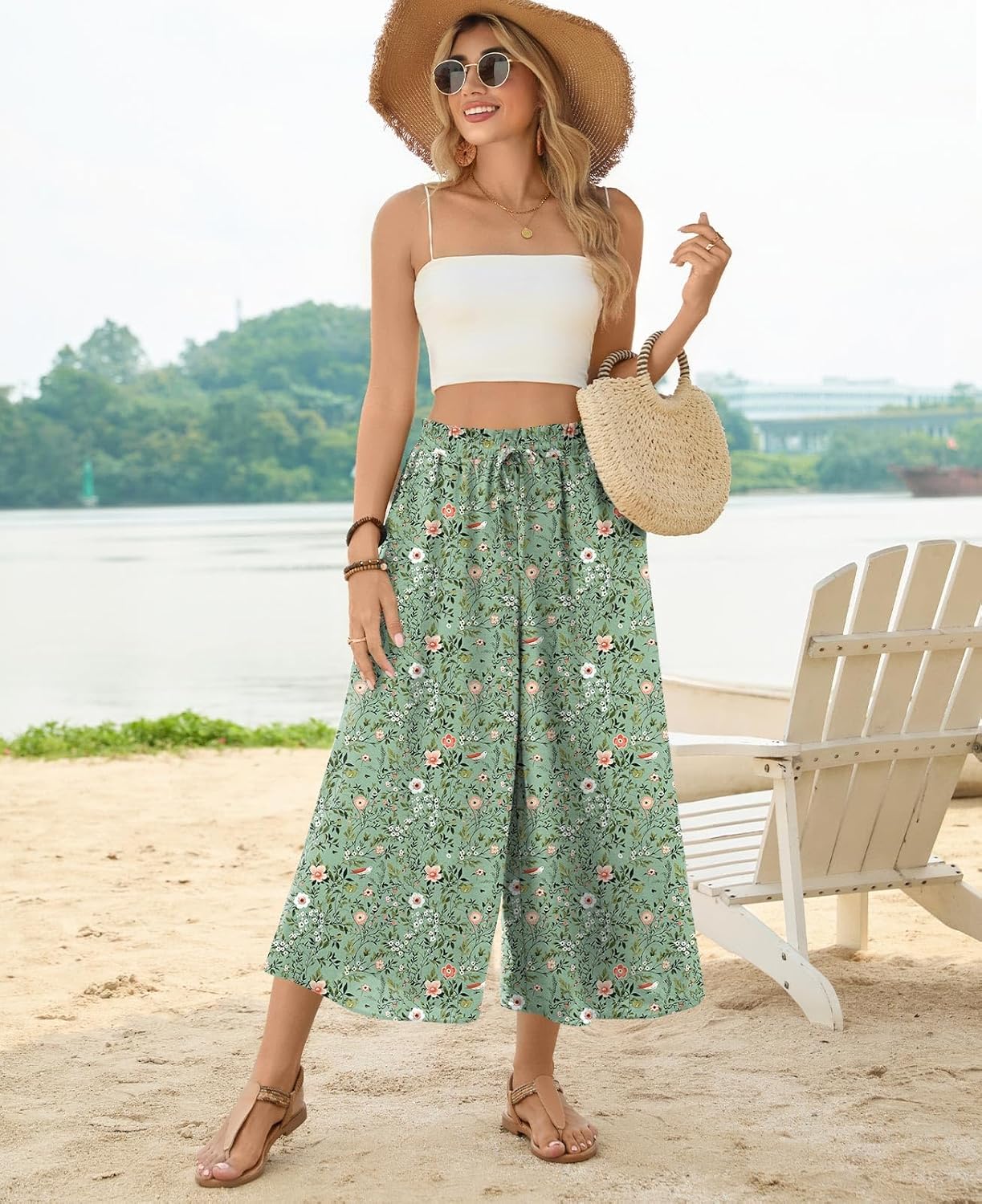 POPYOUNG Womens Capri Pant Dressy Casual Wide Leg Palazzo Pants Flowy Gaucho Pants Drawstring Trousers with Pockets - Image 2