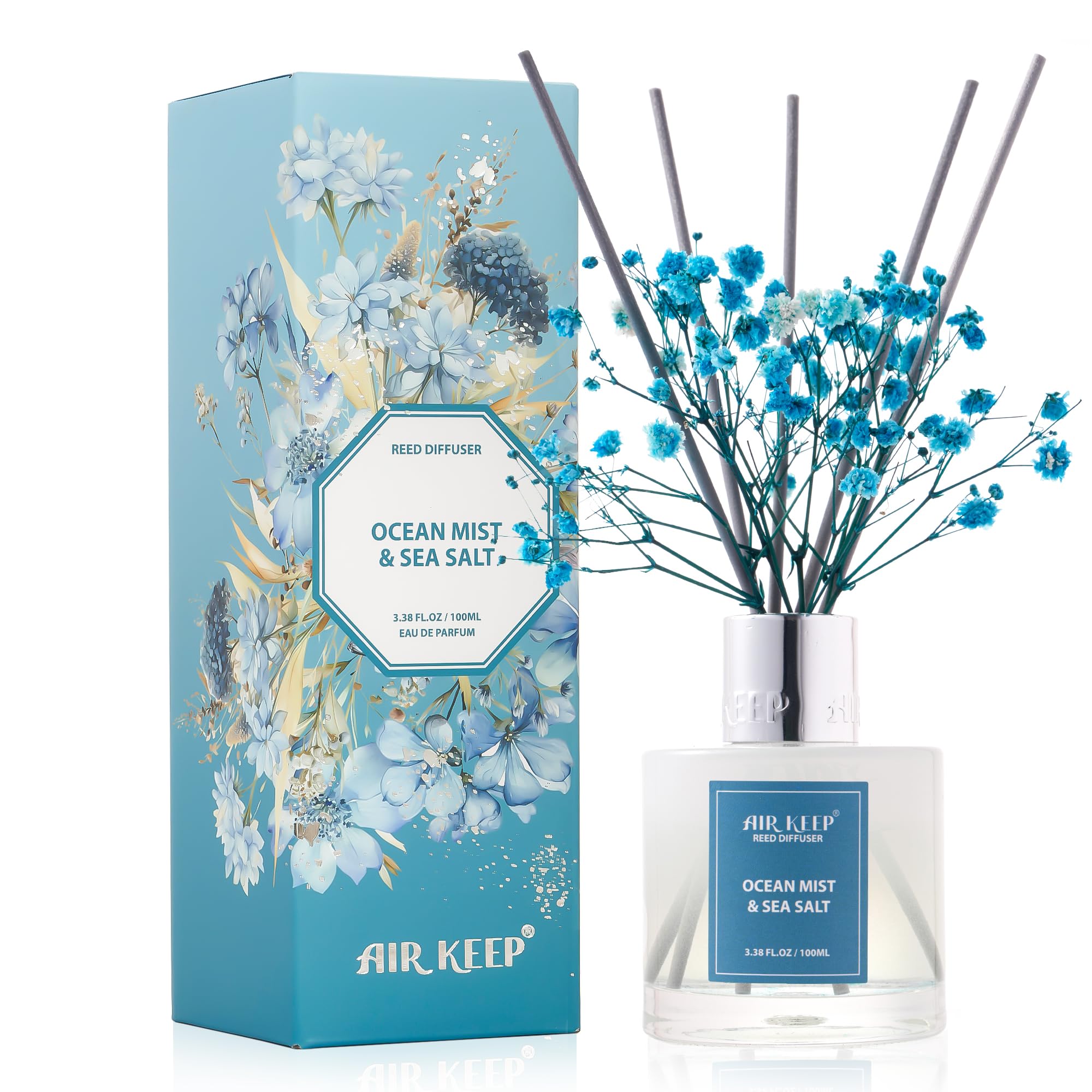 Airkeep Reed Diffuser Set,3.38 fl oz (100 ml) - Ocean Mist&Sea Salt Oil Diffusers with 8 Reed Sticks,Home Fragrance Reed Diffuser for Bathroom Shelf Decor Ocean Mist&Sea Salt 3.38Ounce/1pack