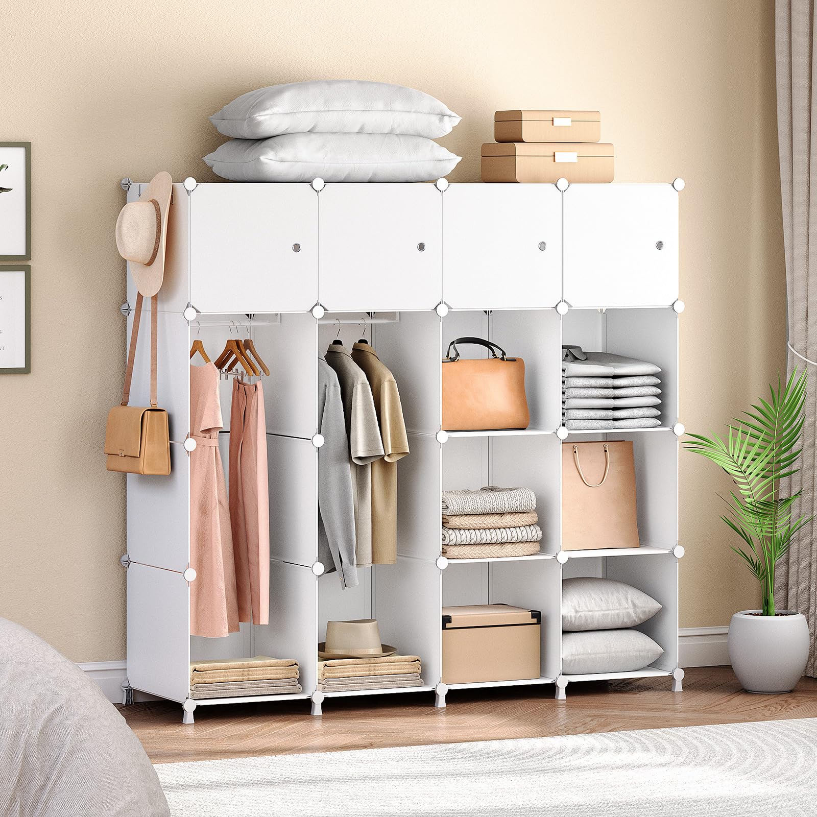HOOBRO Armadio Modulare 16 Cubi con Ante, Portatile Guardaroba 2 Barra Appendiabiti, Bianco
