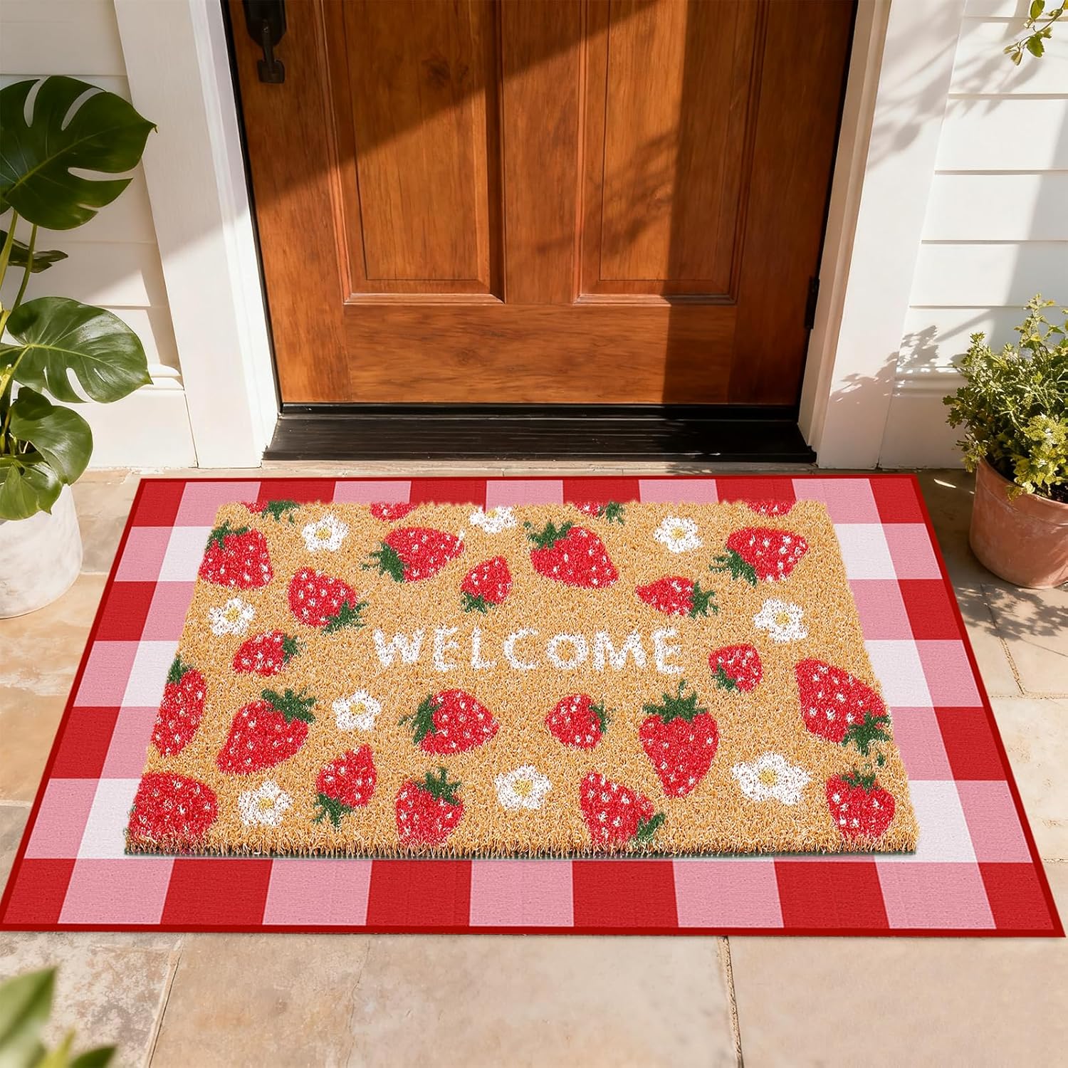 Whaline 2 Pcs Strawberry Daisy Doormat Set Floor Mat Red Pink Checkered Fruit Coir Non-Slip Front Door Rug for Spring Summer Indoor Outdoor Home Kitchen Bathroom Entrance Porch