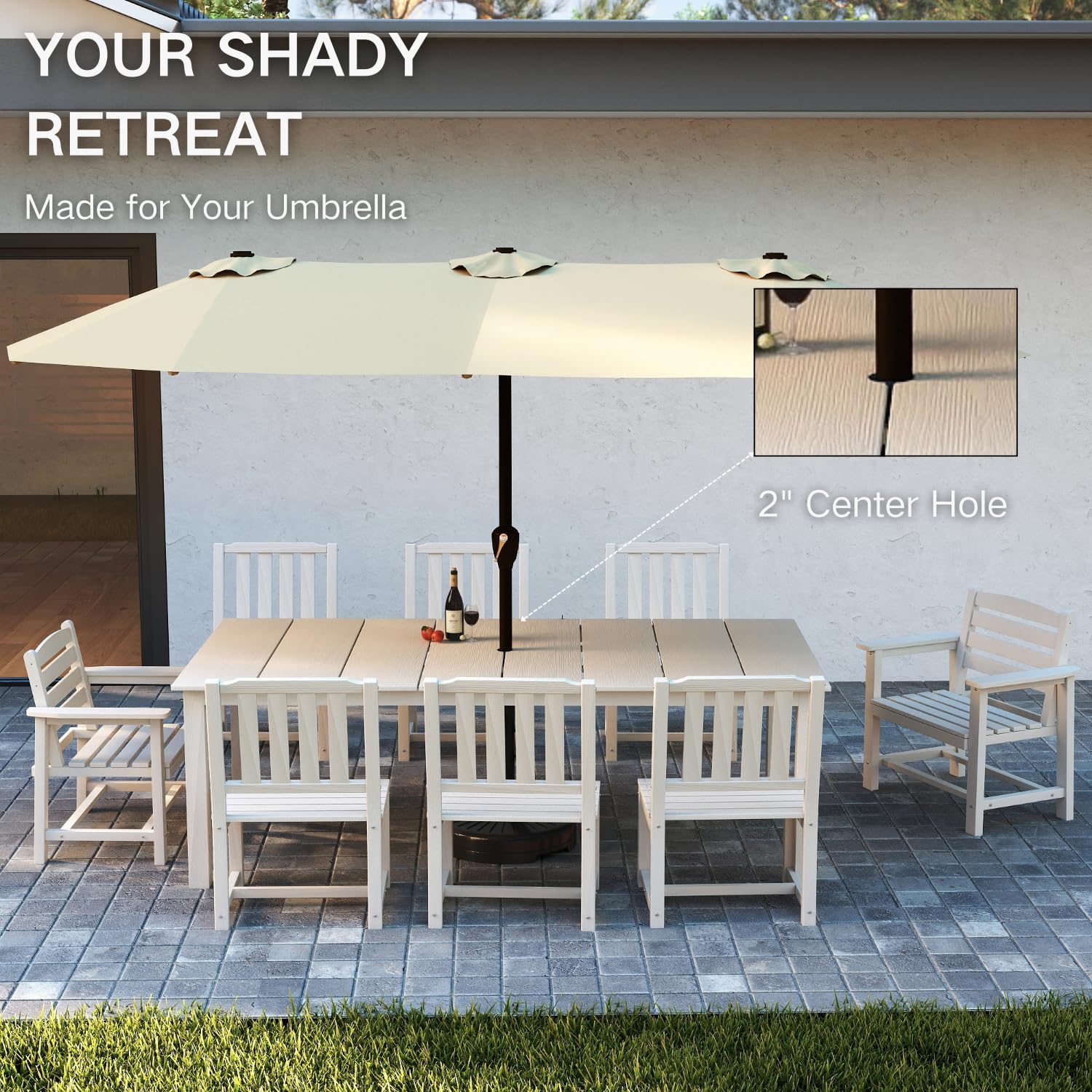 Kingdura 9 Piece Patio Dining Set for 8, HDPE Outdoor Table & Chairs with Umbrella Hole, All-Weather Outdoor Furniture Patio Conversation Set for Lawn Pool Backyard, White : Patio, Lawn &