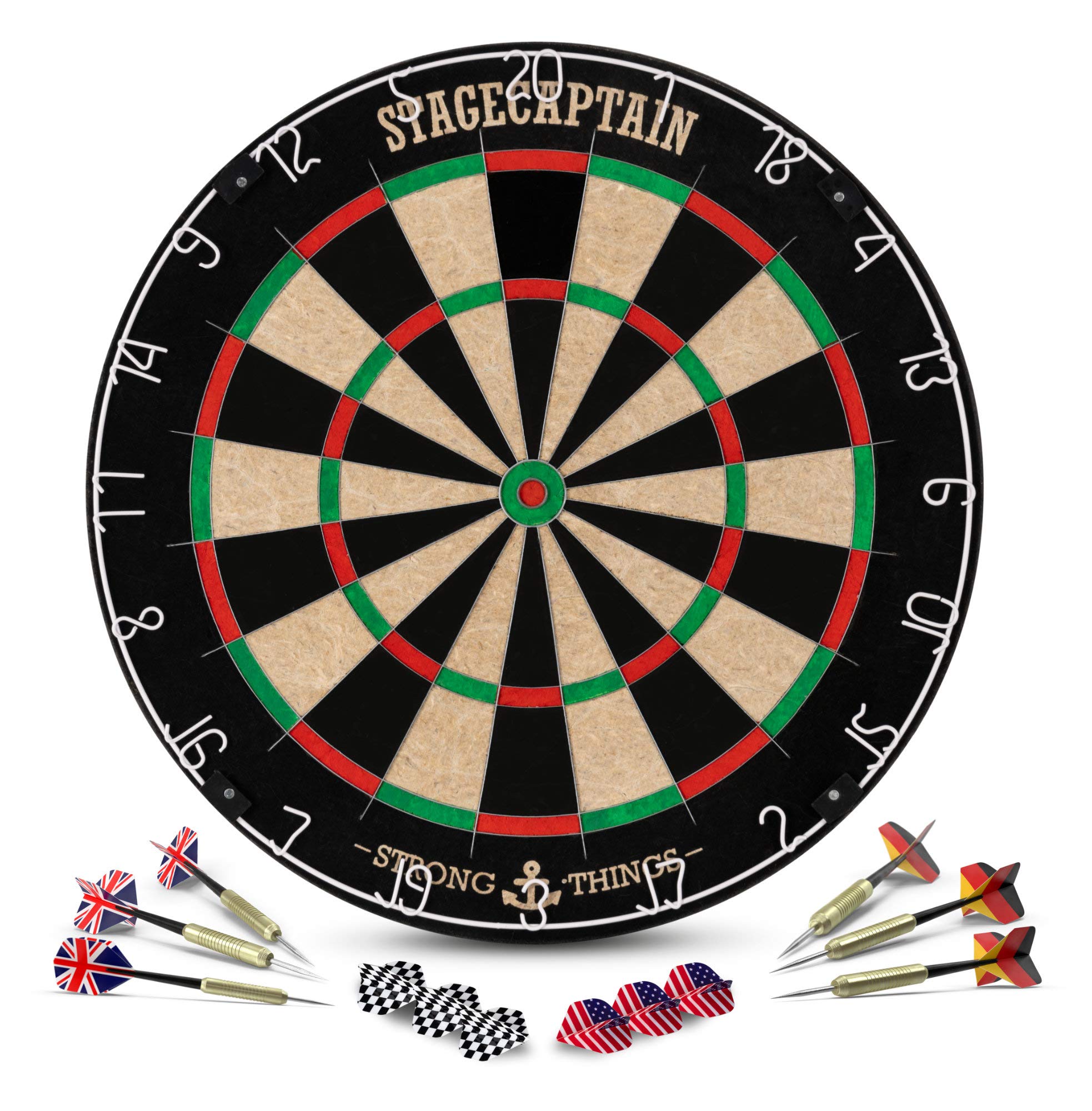 Stagecaptain DBS-1715 Bullseye Pro Cible de Fléchettes Complète - Steeldarts en Sisal, Tapis Caoutchouc, Support réglable, 6 fléchettes, 4 Sets de Flights - Or.