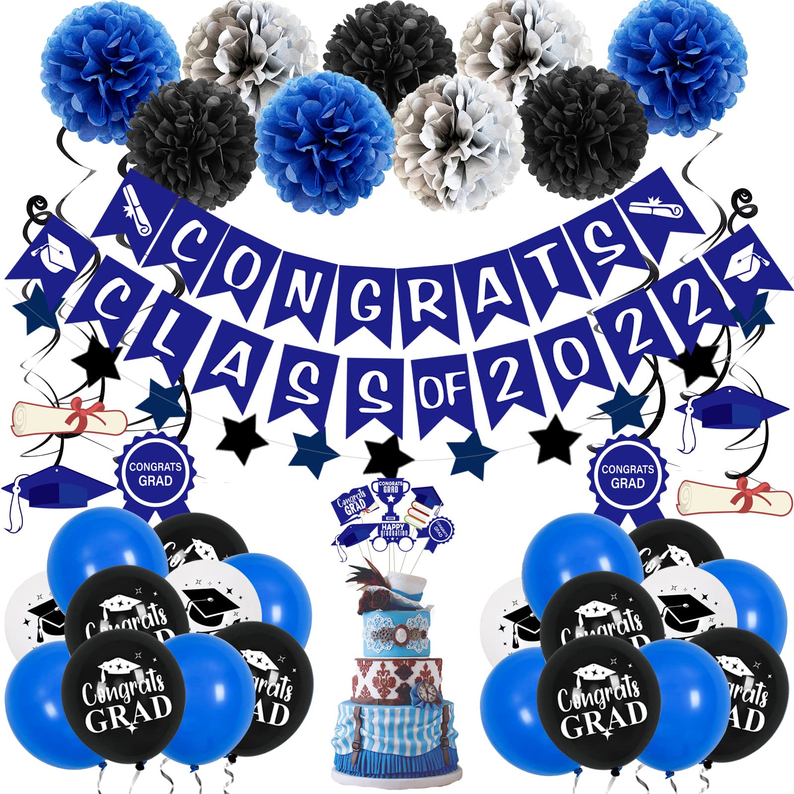 Blue Graduation Party Decorations 2022, Xourspaty Graduation Decorations Congrats Class of 2022 Banner Blue Black Grad Balloons Kit Hanging Swirls Paper Pompoms Cupcake Toppers College Party Supplies