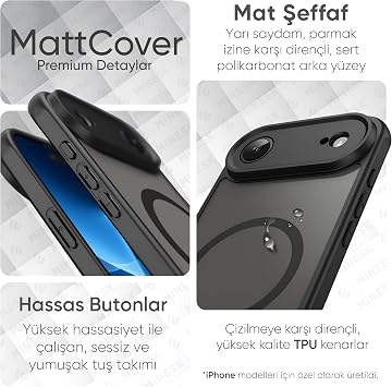 Minesk iPhone Air için MagSafe ile Uyumlu MattCover Serisi Arkası Mat Polikarbonat Kenarları Silikon ve Köşeleri Güçlendirilmiş Kamera Korumalı ince Silikon Kılıf (Manyetik, 17 Air)
