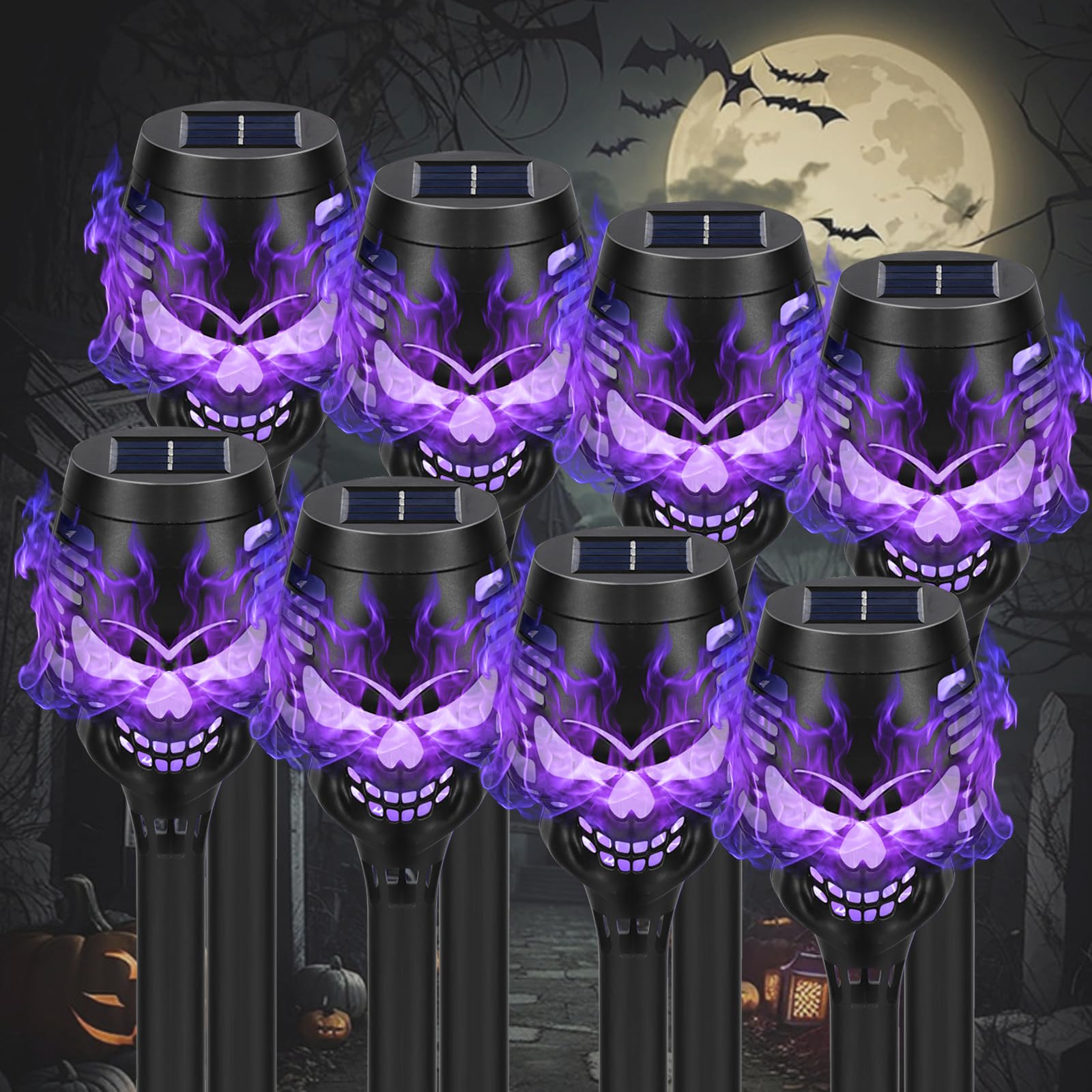 Solar Halloween Dekorationen Outdoor, 8 Pack Gruselige Totenköpfe Solar Fackel Flamme Lichter, Wasserdicht Weg Halloween Lichter für Garten, Hof, Rasen, Veranda, Landschaft Dekor, Lila