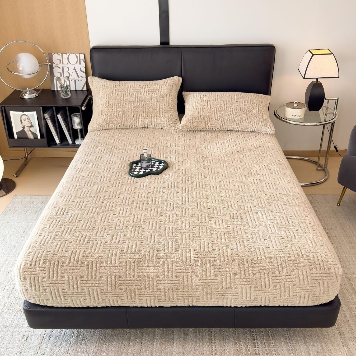 ZIQINPSQ King Size Flannel Fitted Sheet - 1 Piece Winter Warm Deep Pocket (15") Bed Sheet, Shrink & Fade Resistant, Hotel Quality, Wheat