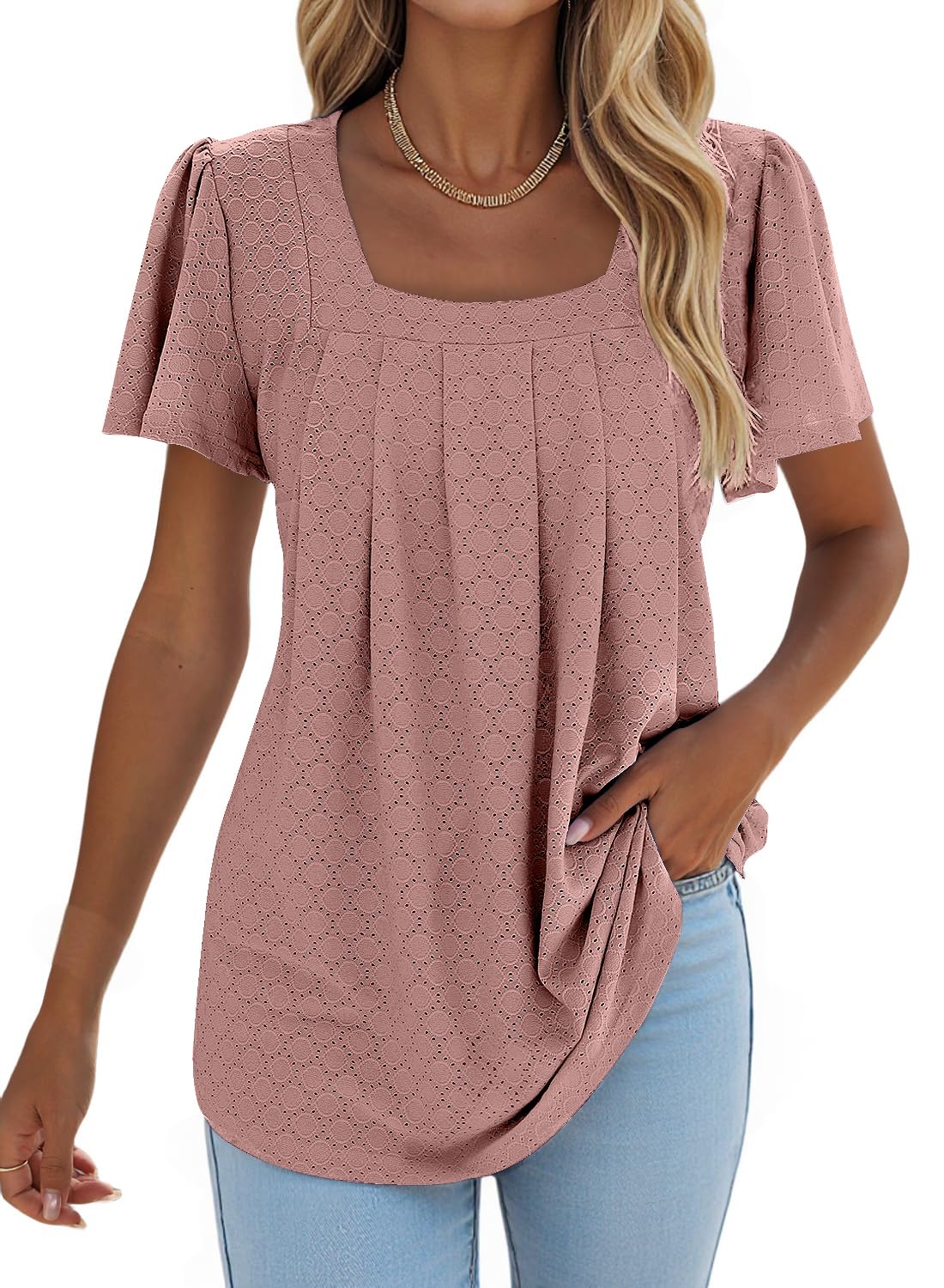 isermeo Summer Tops for Women Pleated Square Neck Ruffle Sleeve Shirts Casual Loose Flowy Curved Hem Tunic S-XXL